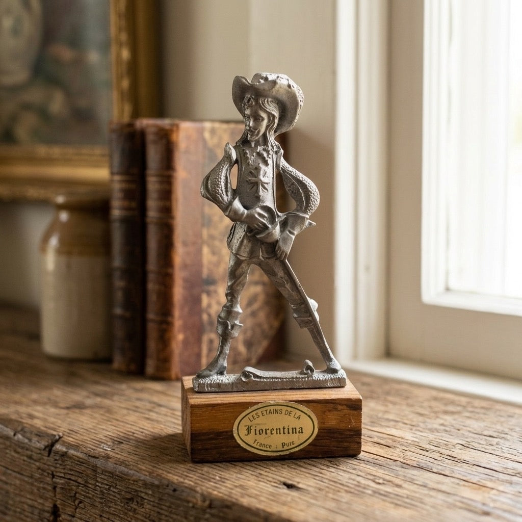 Les Étains de la Fiorentina Pewter Musketeer Figurine — Cavalier on Wood Base — detail view