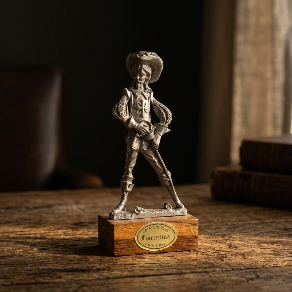 Les Étains de la Fiorentina Pewter Musketeer Figurine — Cavalier on Wood Base — detail view