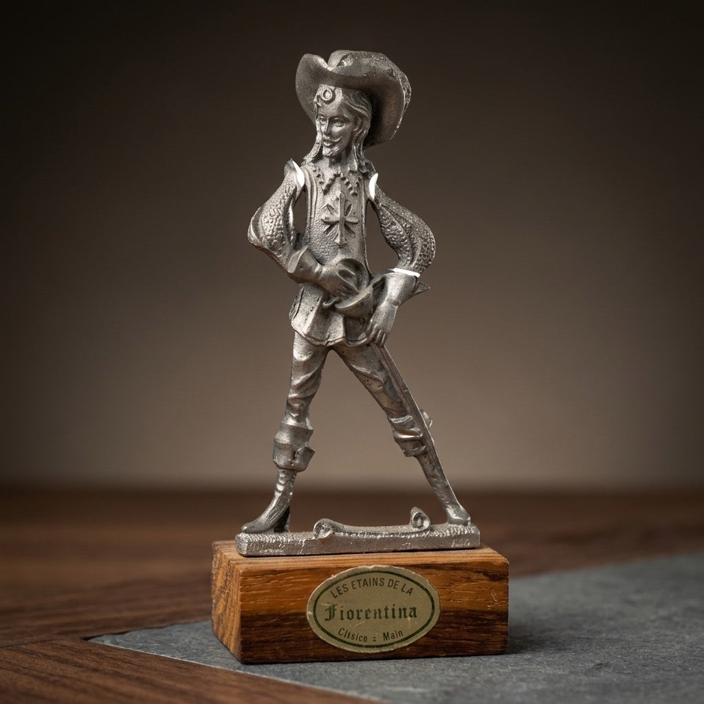 Les Étains de la Fiorentina Pewter Musketeer Figurine — Cavalier on Wood Base — main view