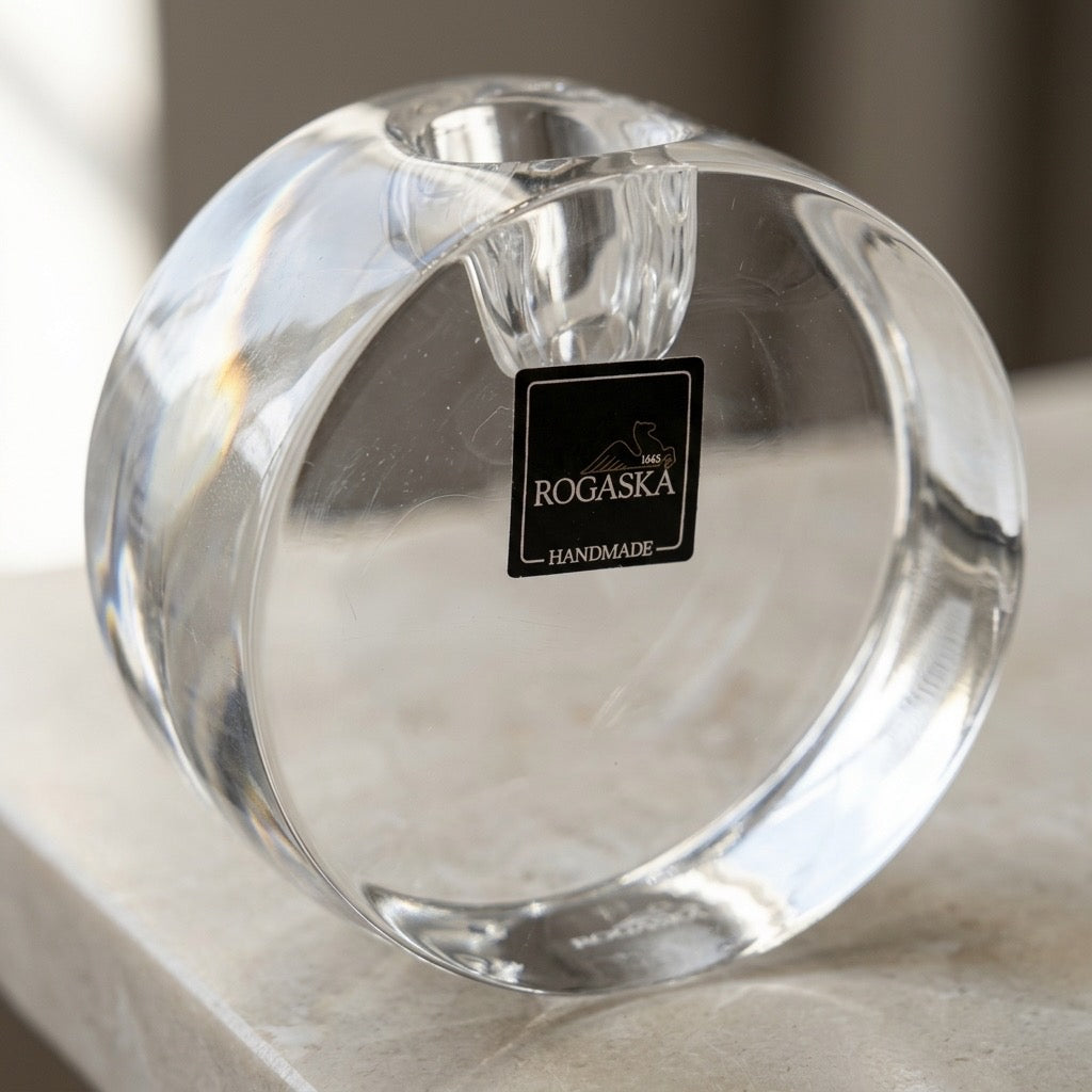 Rogaska Handmade Crystal Votive Candle Holder — Solid Disc Form, Original Label — detail view
