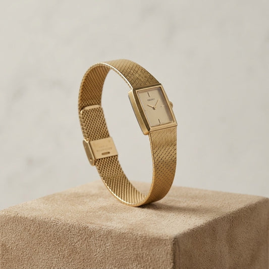 Seiko Vintage Ladies Gold-Tone Rectangular Watch — Mesh Band, Original Box — main view