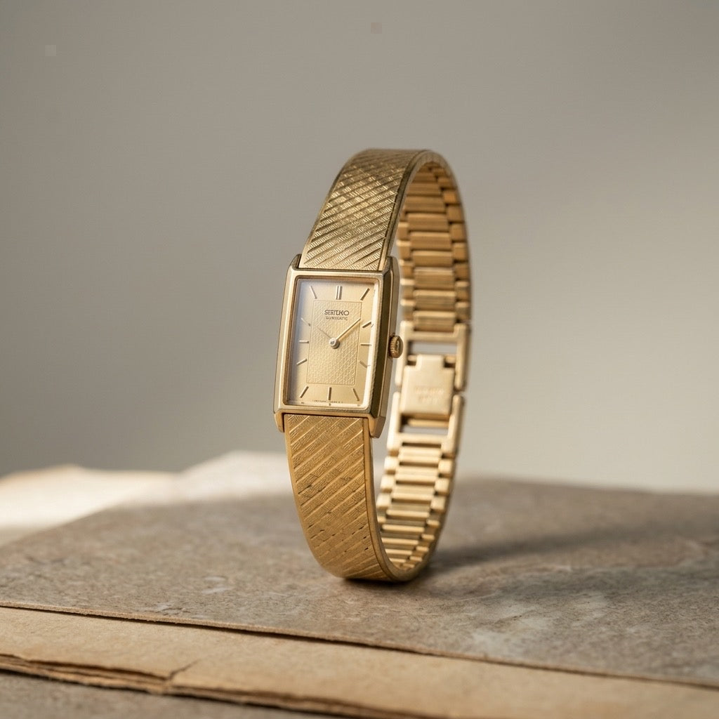 Seiko Vintage Ladies Gold-Tone Rectangular Watch — Mesh Band, Original Box — detail view