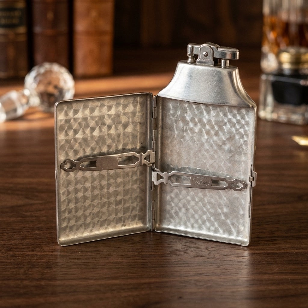 Ronson Mastercase Combination Lighter & Cigarette Case — Chrome, Engine-Turned Interior — detail view