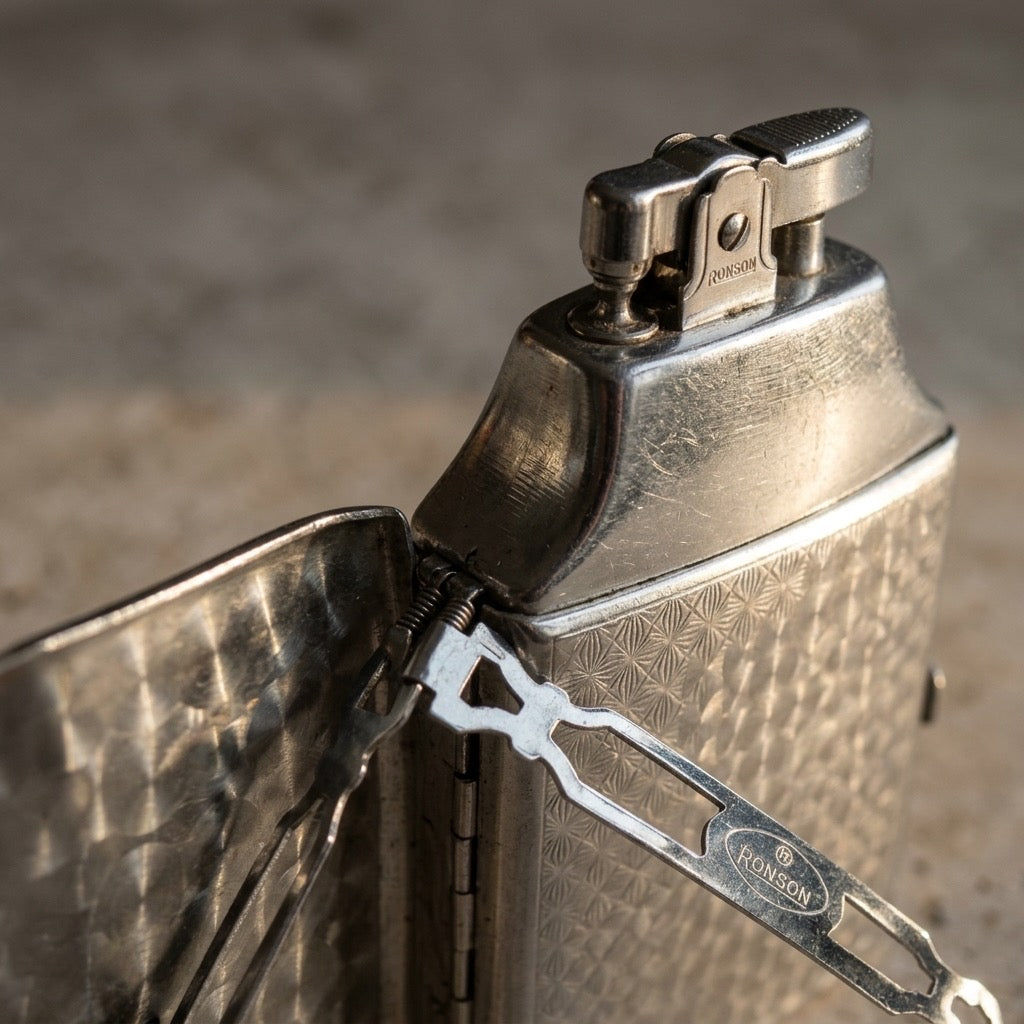 Ronson Mastercase Combination Lighter & Cigarette Case — Chrome, Engine-Turned Interior — detail view