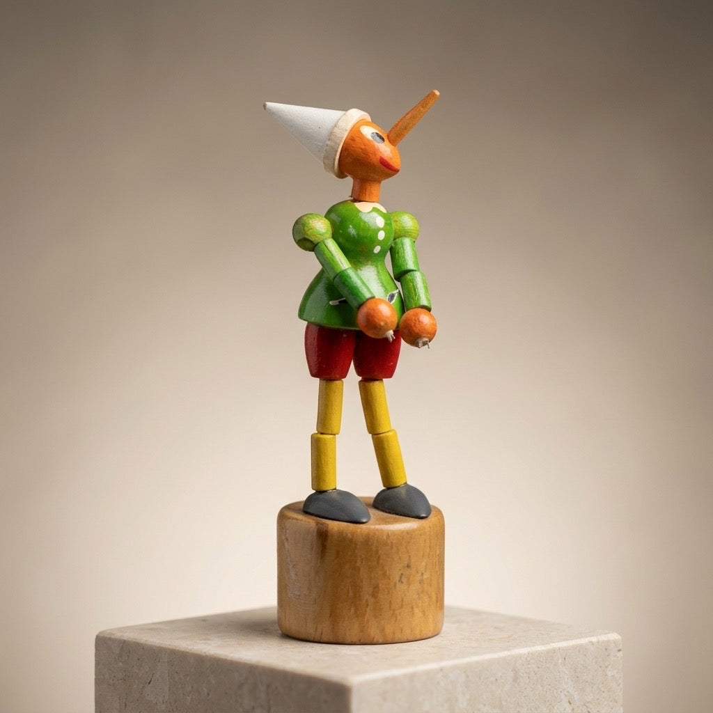 Vintage Wooden Pinocchio Push Puppet — Hand-Painted, Collapsible Figure — main view