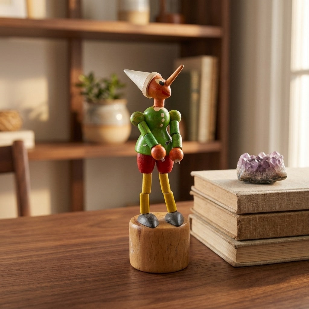 Vintage Wooden Pinocchio Push Puppet — Hand-Painted, Collapsible Figure — detail view
