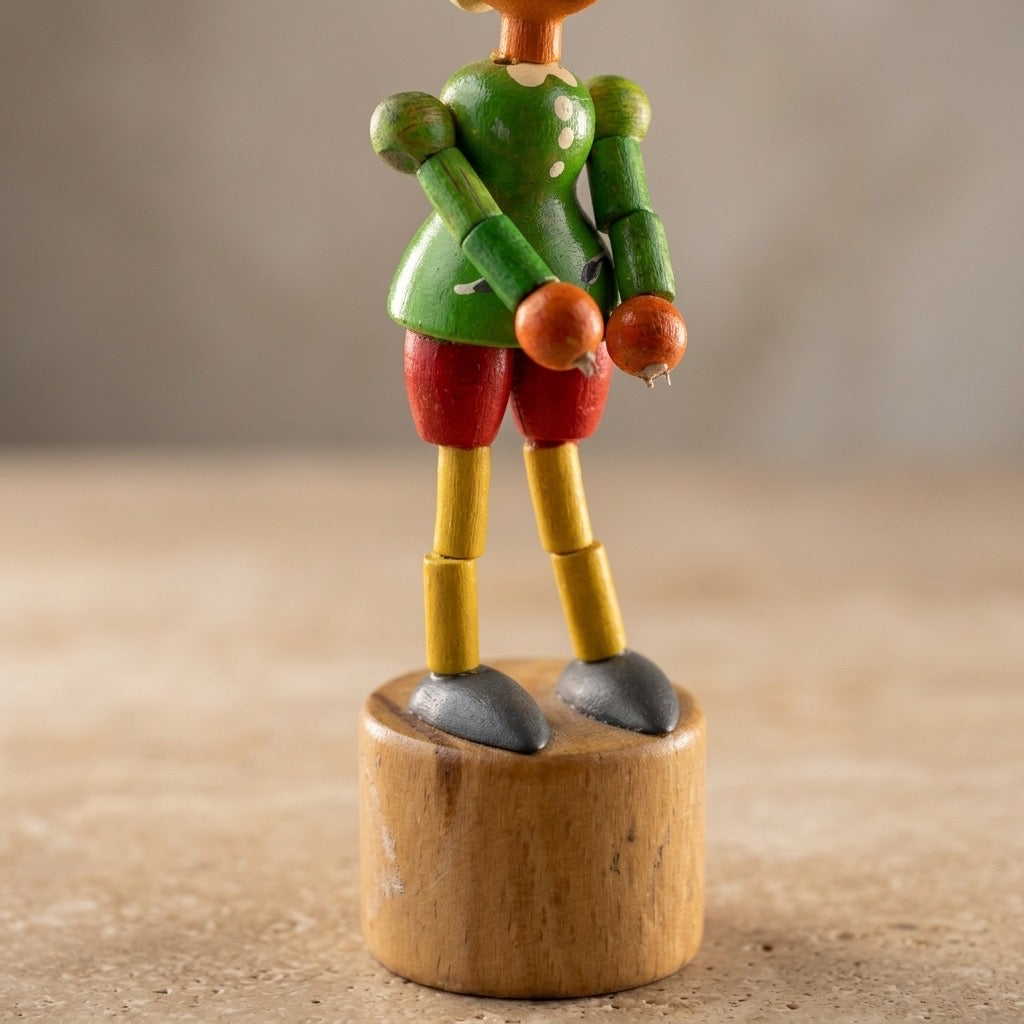 Vintage Wooden Pinocchio Push Puppet — Hand-Painted, Collapsible Figure — detail view