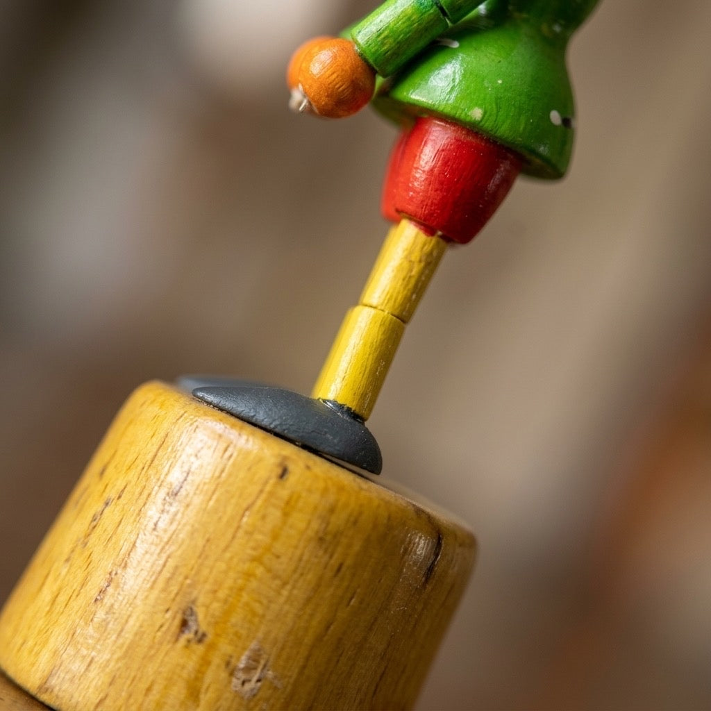 Vintage Wooden Pinocchio Push Puppet — Hand-Painted, Collapsible Figure — detail view
