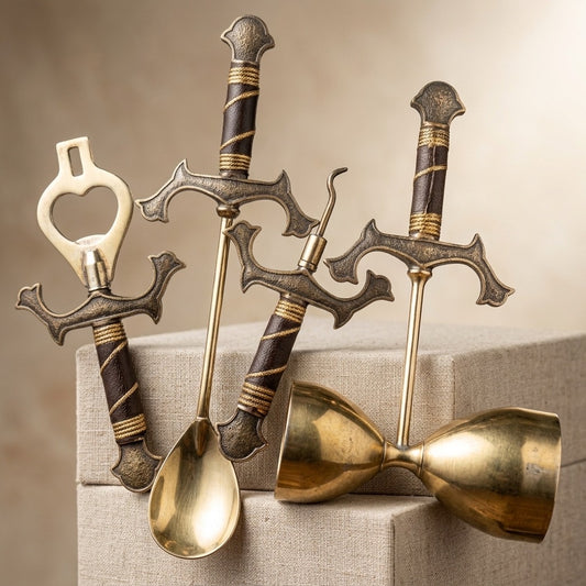 Vintage Brass Medieval Sword Bar Tool Set — 4-Piece with Wood Handles — main view