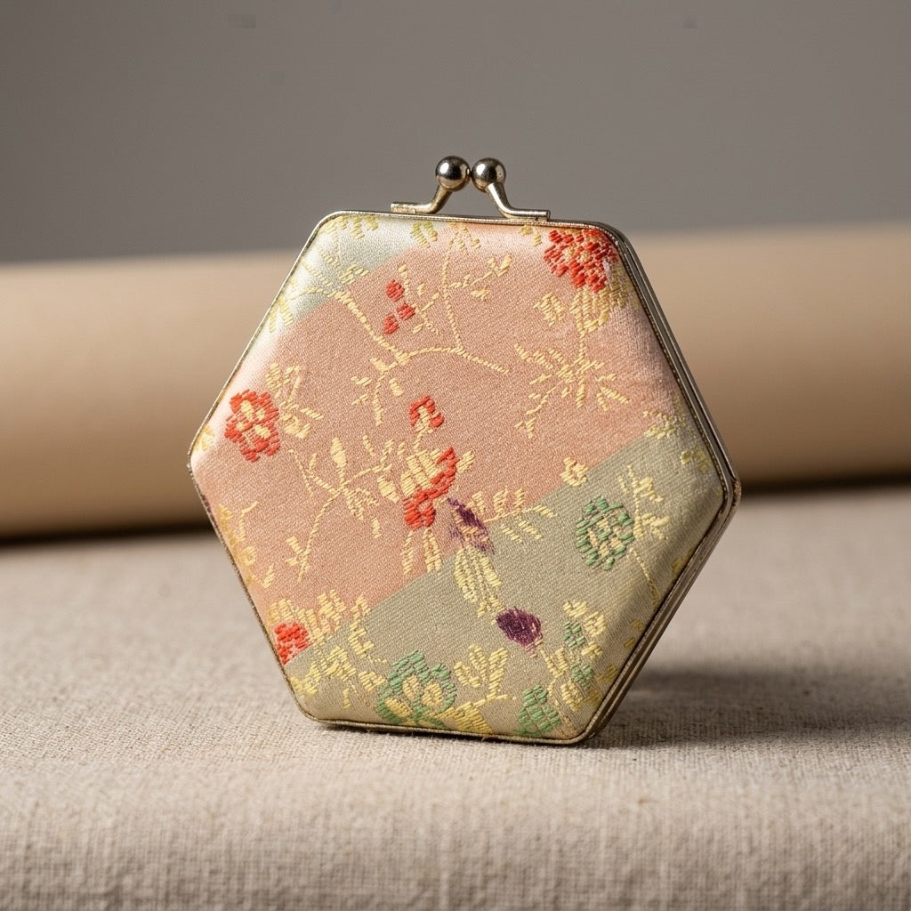 Vintage Hexagonal Silk Brocade Jewelry Box — Floral Gold Thread, Kiss-Lock Clasp — main view