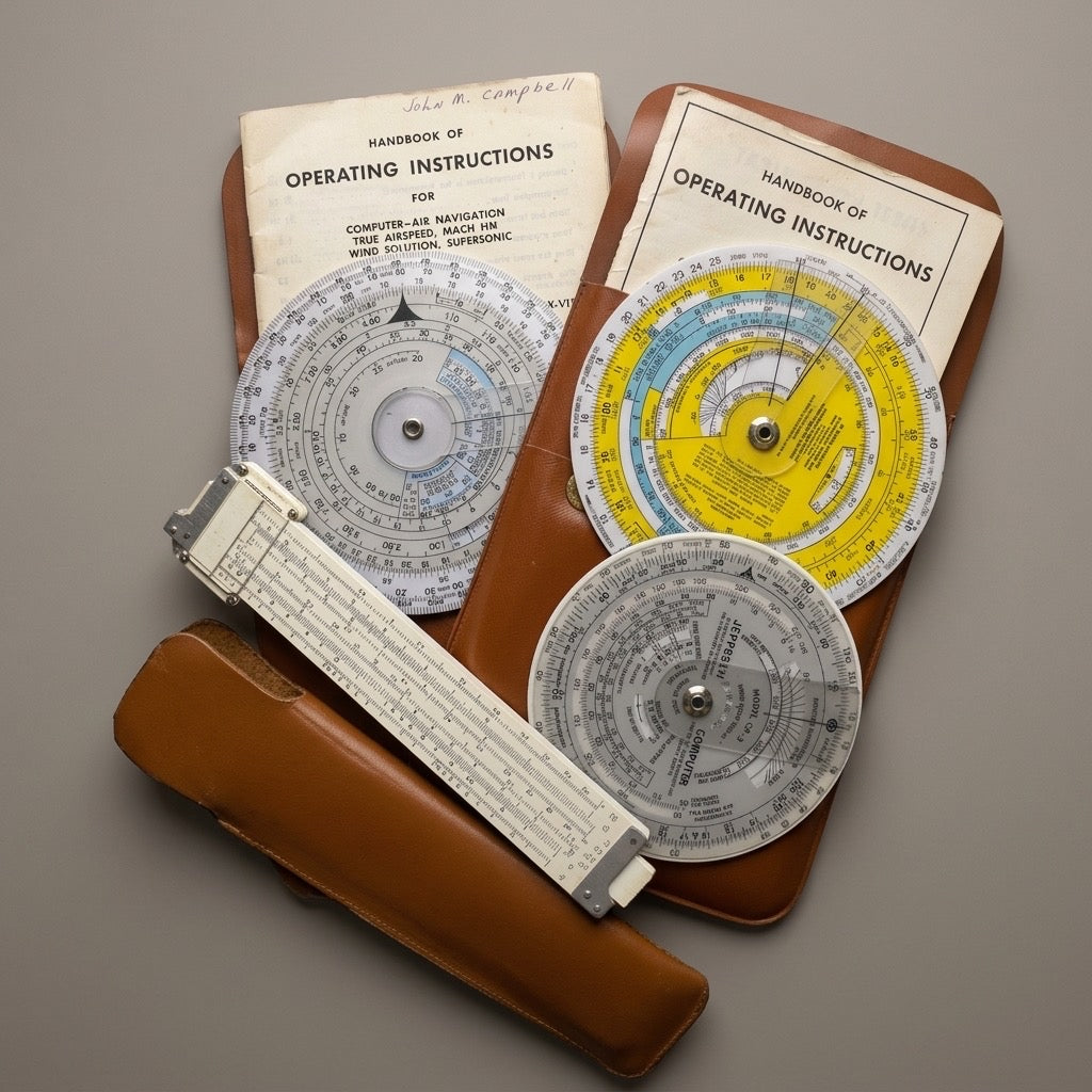 Jeppesen CR-3 & CR-5 Flight Computer Navigation Set — Vintage Pilot Tools with Manuals — detail view