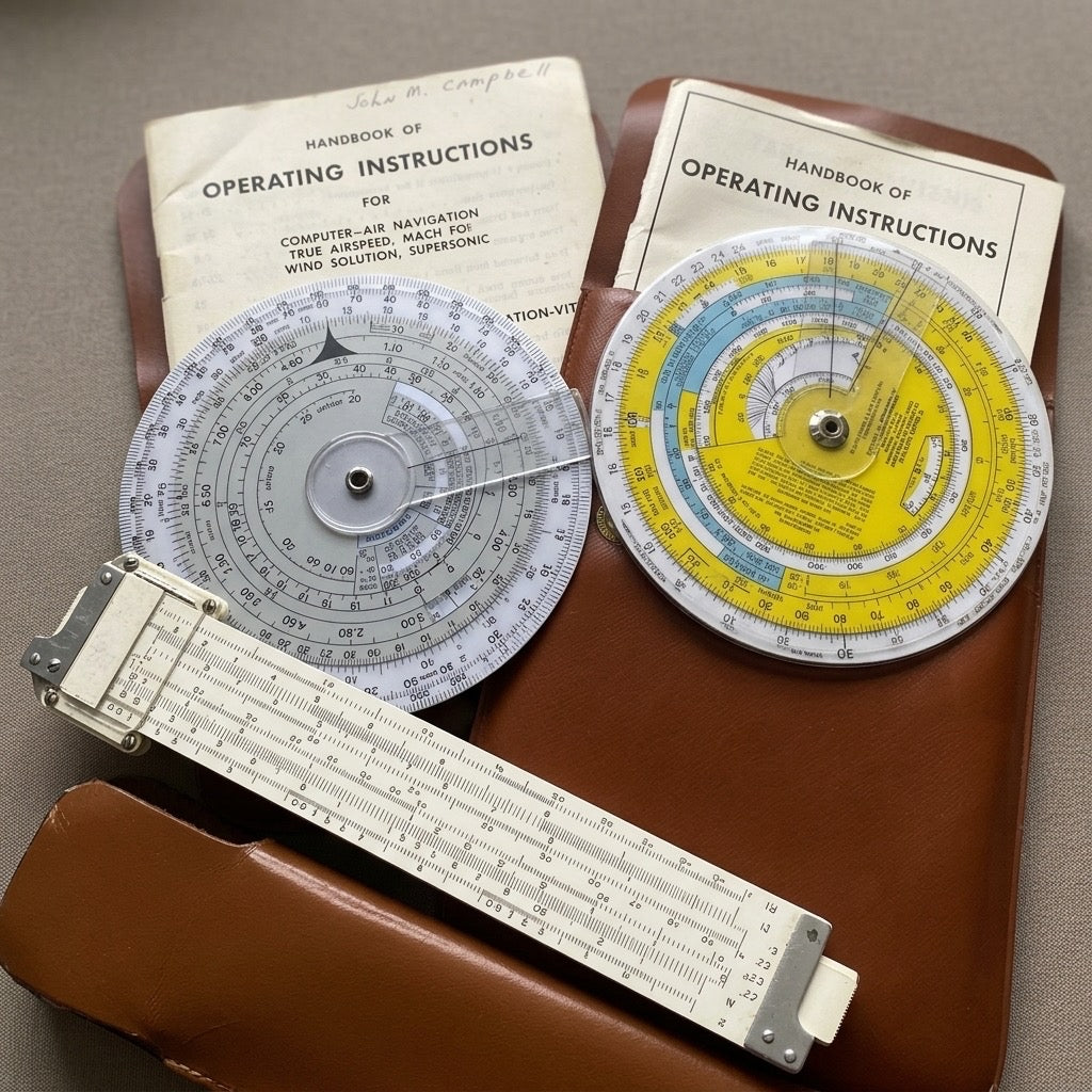 Jeppesen CR-3 & CR-5 Flight Computer Navigation Set — Vintage Pilot Tools with Manuals — main view