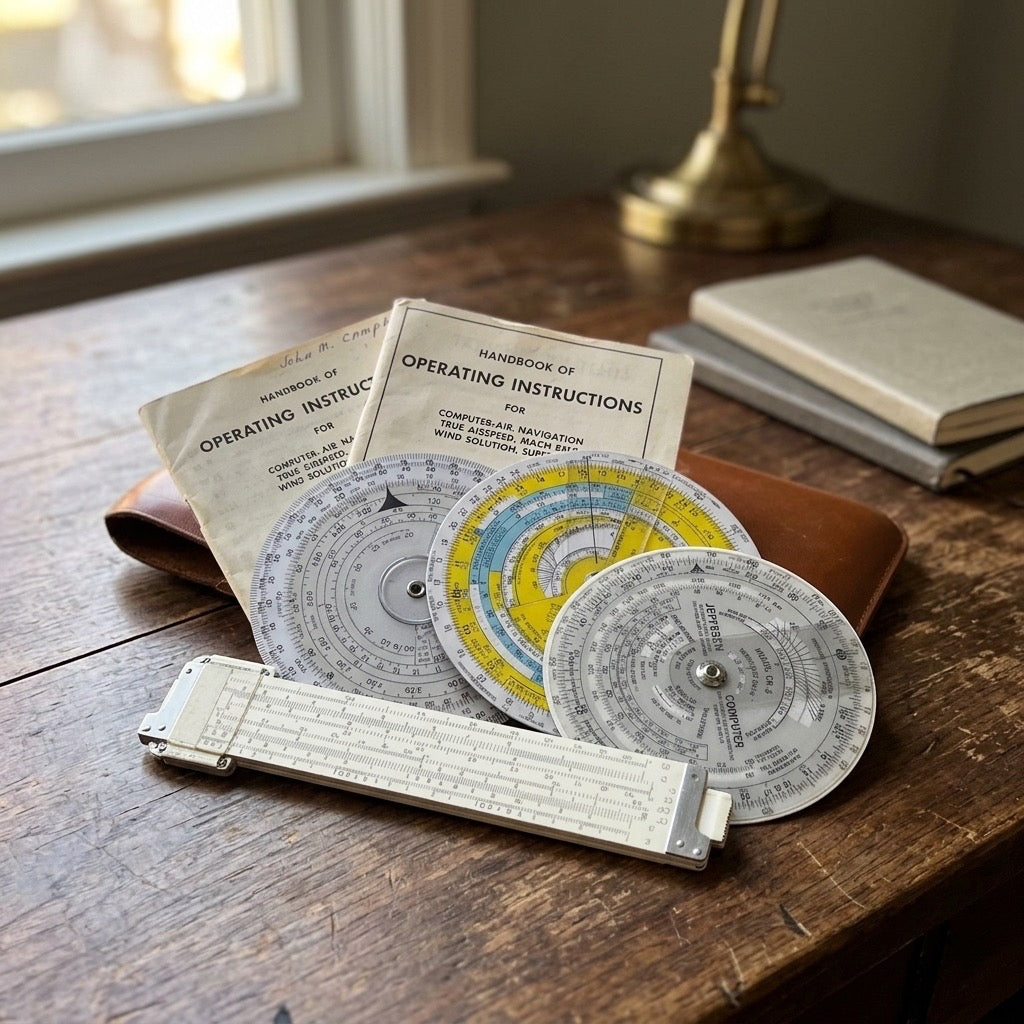 Jeppesen CR-3 & CR-5 Flight Computer Navigation Set — Vintage Pilot Tools with Manuals — detail view