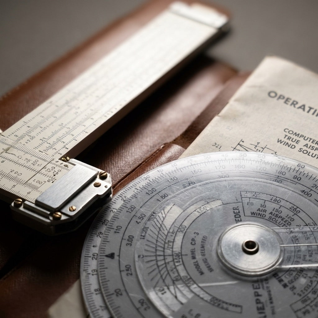 Jeppesen CR-3 & CR-5 Flight Computer Navigation Set — Vintage Pilot Tools with Manuals — detail view