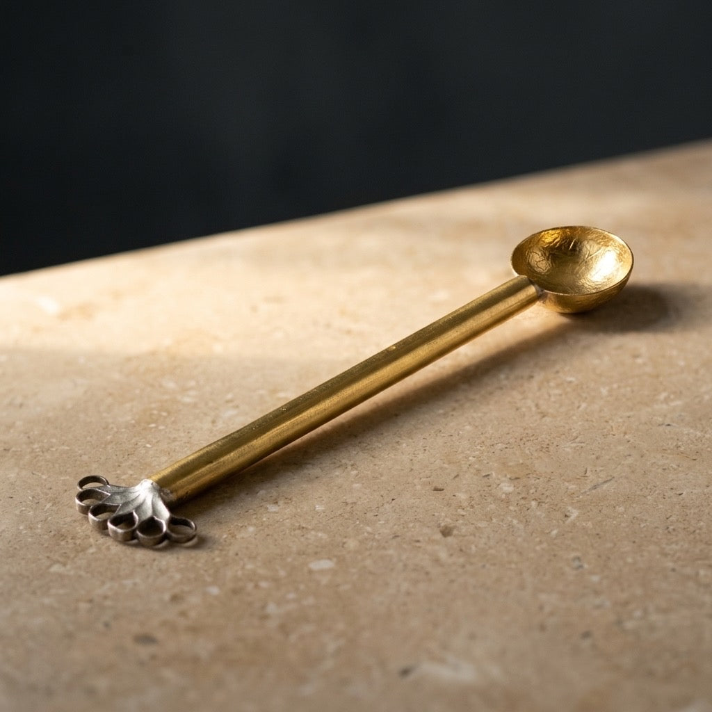 Vintage Brass Peacock Handle Ritual Spoon — Ornate Ceremonial Metalwork — detail view