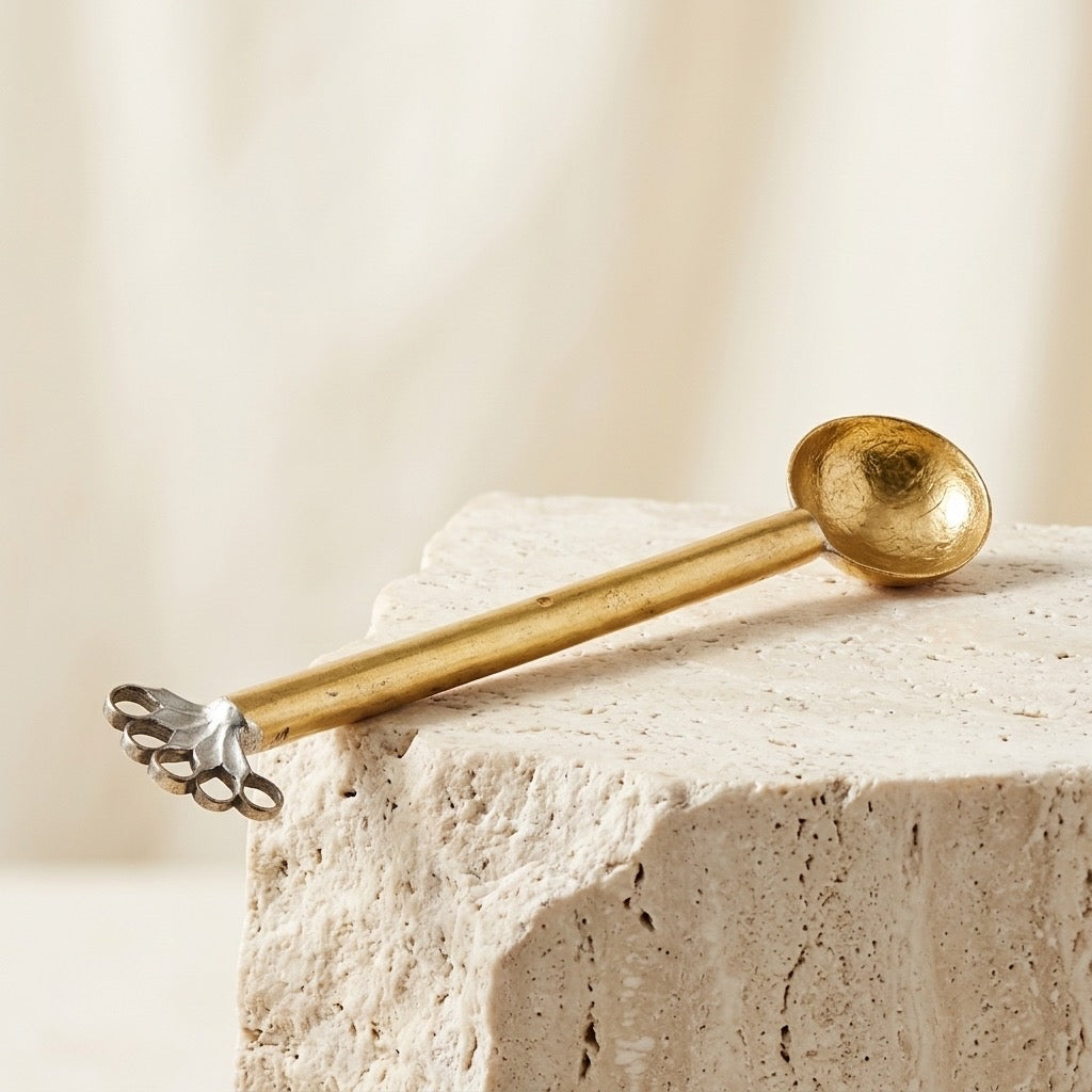 Vintage Brass Peacock Handle Ritual Spoon — Ornate Ceremonial Metalwork — detail view