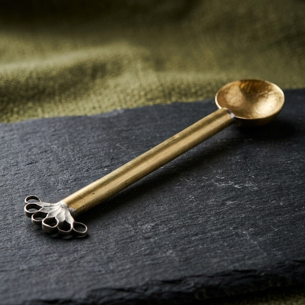 Vintage Brass Peacock Handle Ritual Spoon — Ornate Ceremonial Metalwork — main view