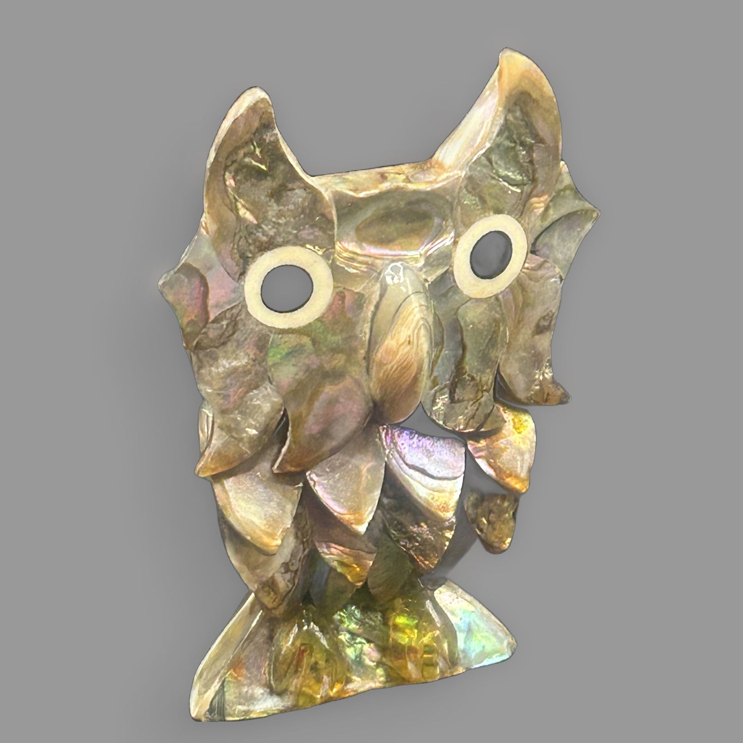 Vintage Abalone Shell Owl Figurine — Iridescent Coastal Collectible — detail view
