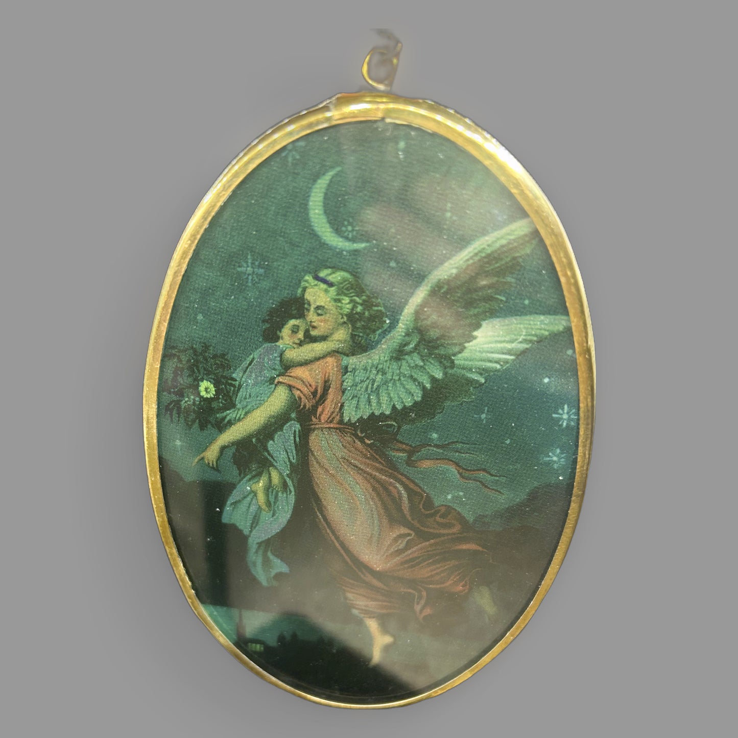 Vintage Guardian Angel Oval Glass Sun Catcher — Gold-Tone Frame, Window Hanging — detail view