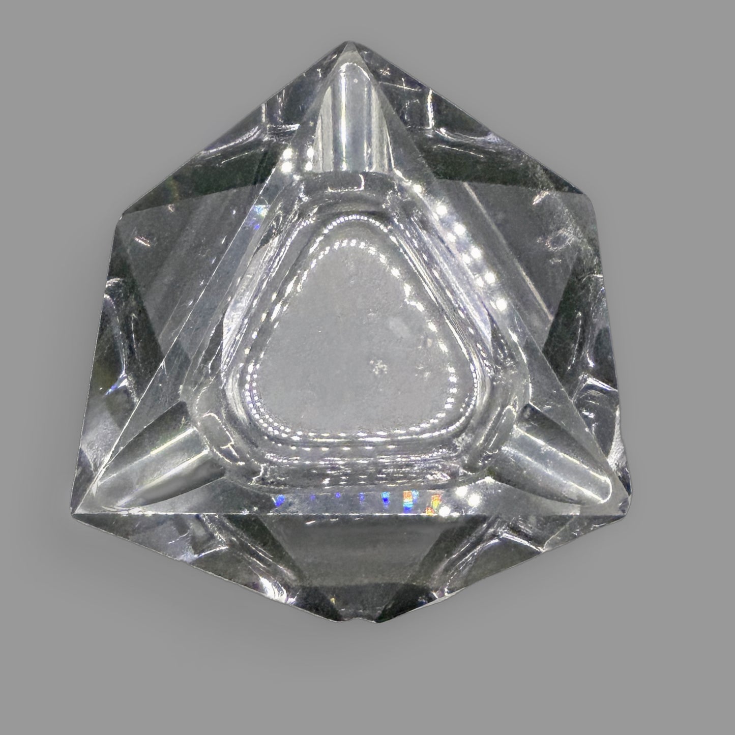 Vintage Faceted Crystal Triangle Ashtray — Mid-Century Cut Glass — detail view