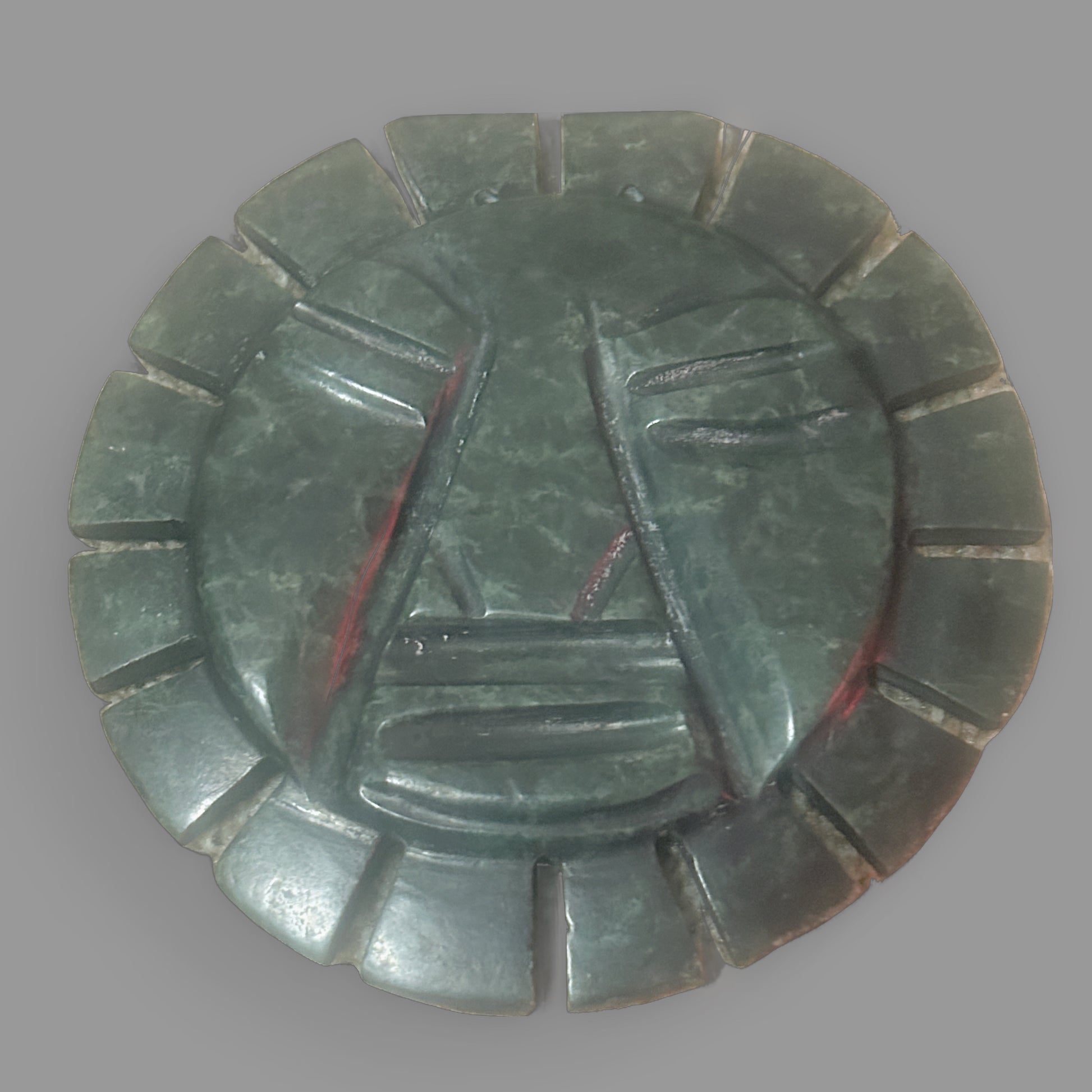 Hand-Carved Green Stone Incan / Aztec Sun Deity Sculpture — detail view