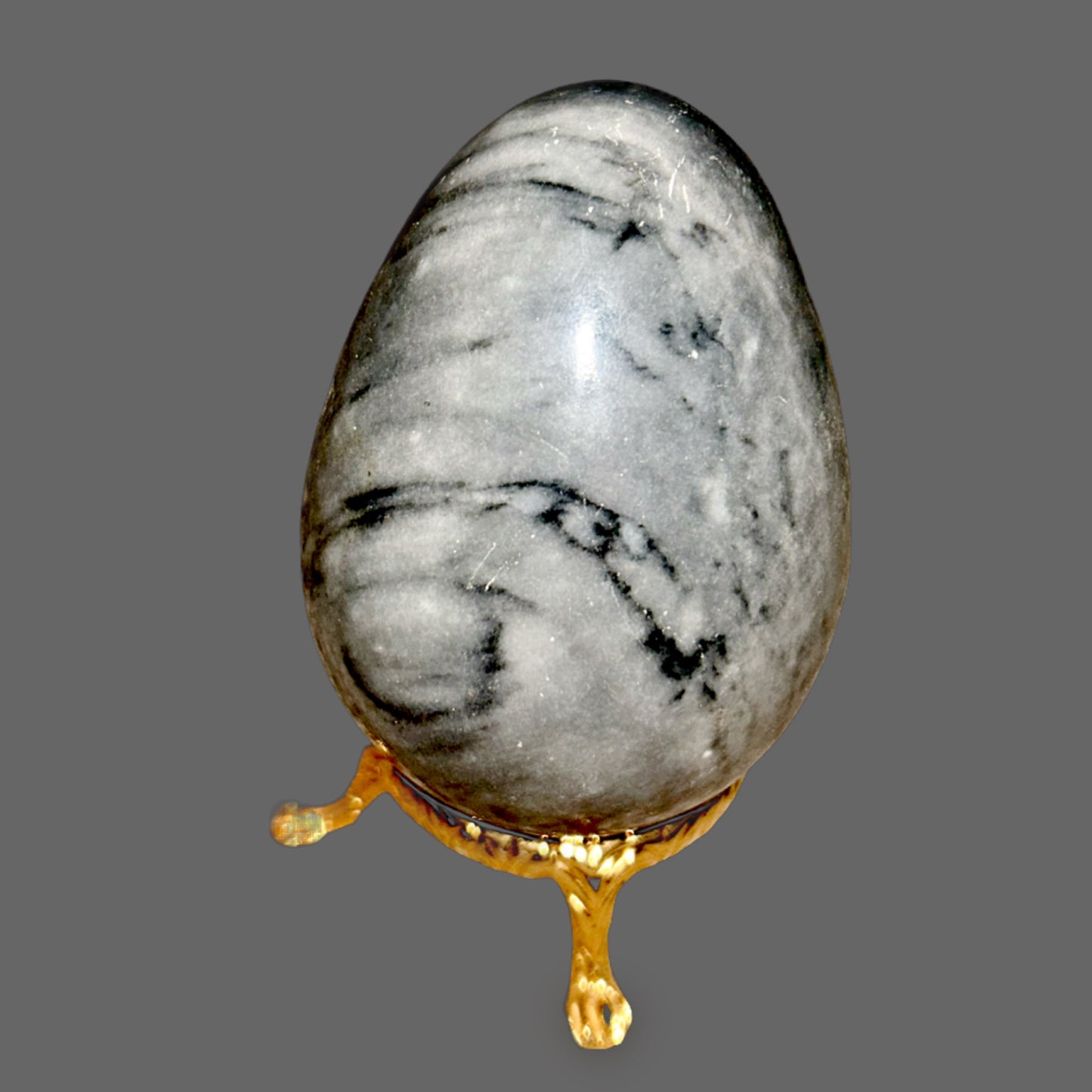 Gray & Black Veined Marble Stone Egg — Bold Veining, Polished, — detail view