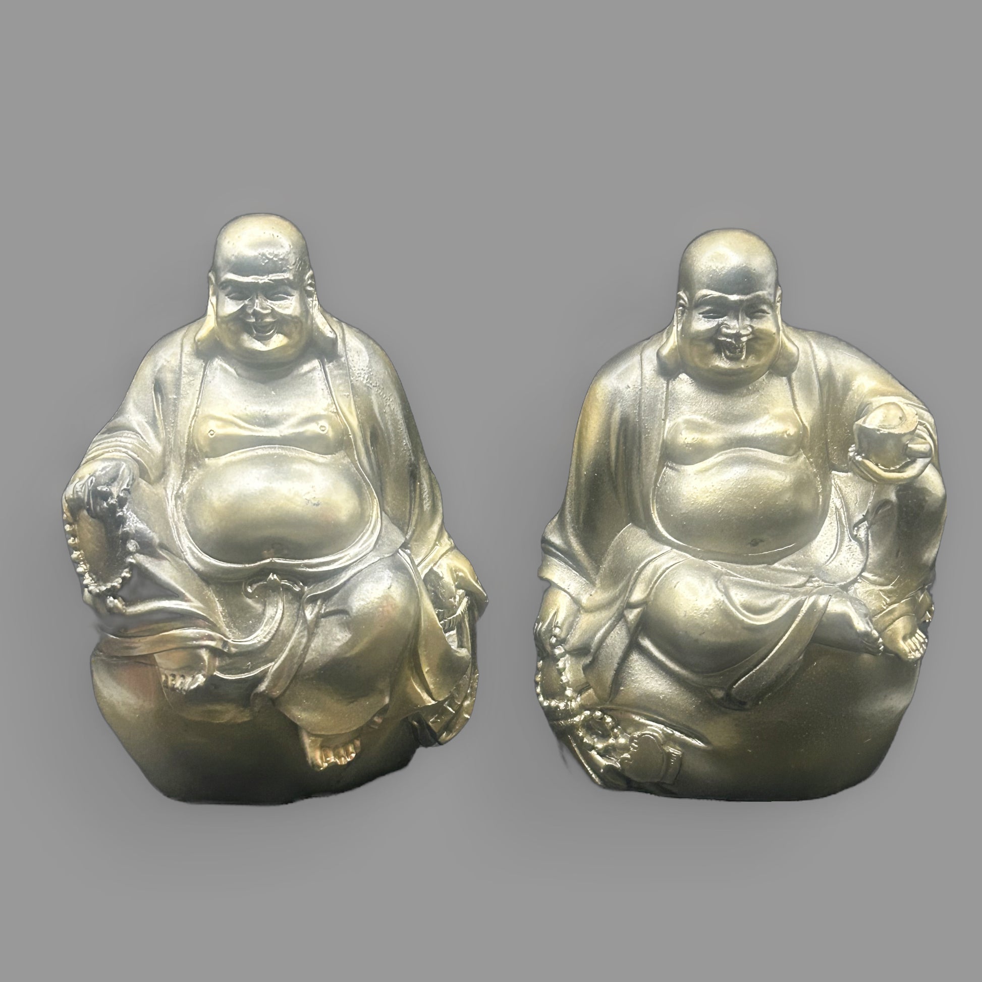 Laughing Buddha Statues Set of 2 — Feng Shui Prosperity Figurines — detail view