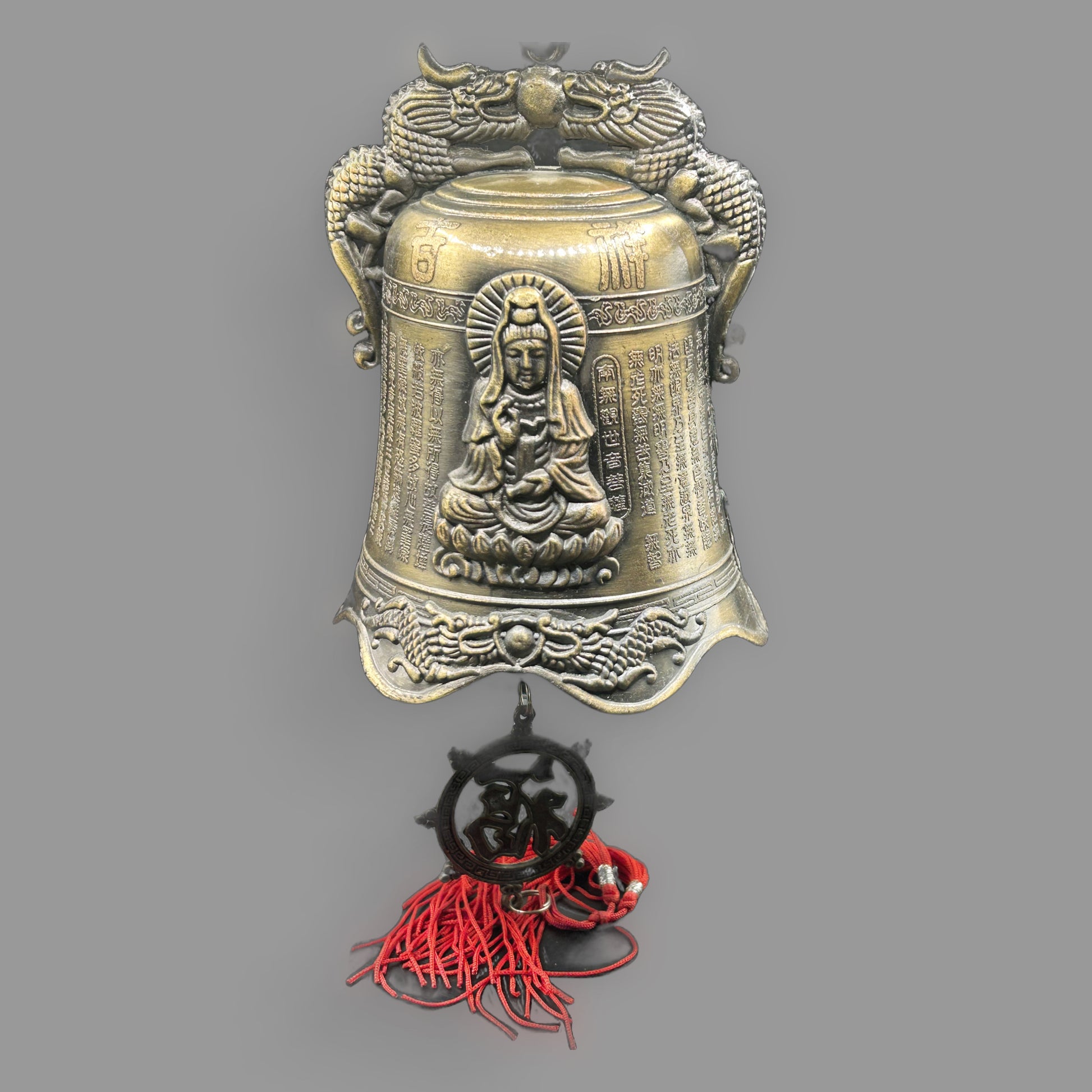 Chinese Dragon Temple Bell with Buddha Relief & Red Tassel — detail view