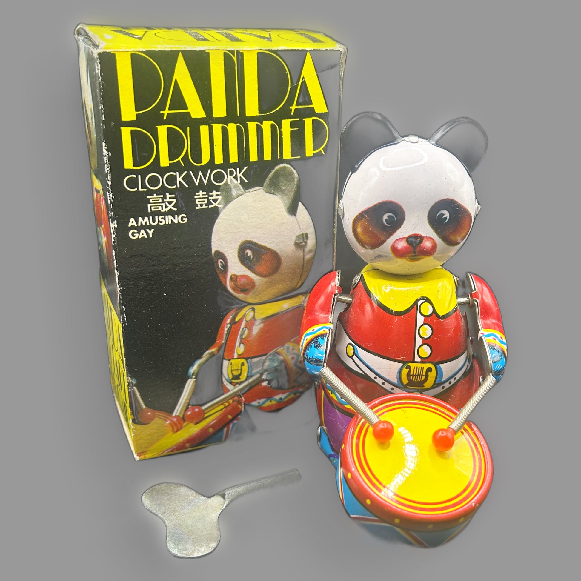 Vintage Panda Drummer Tin Wind-Up Toy — detail view