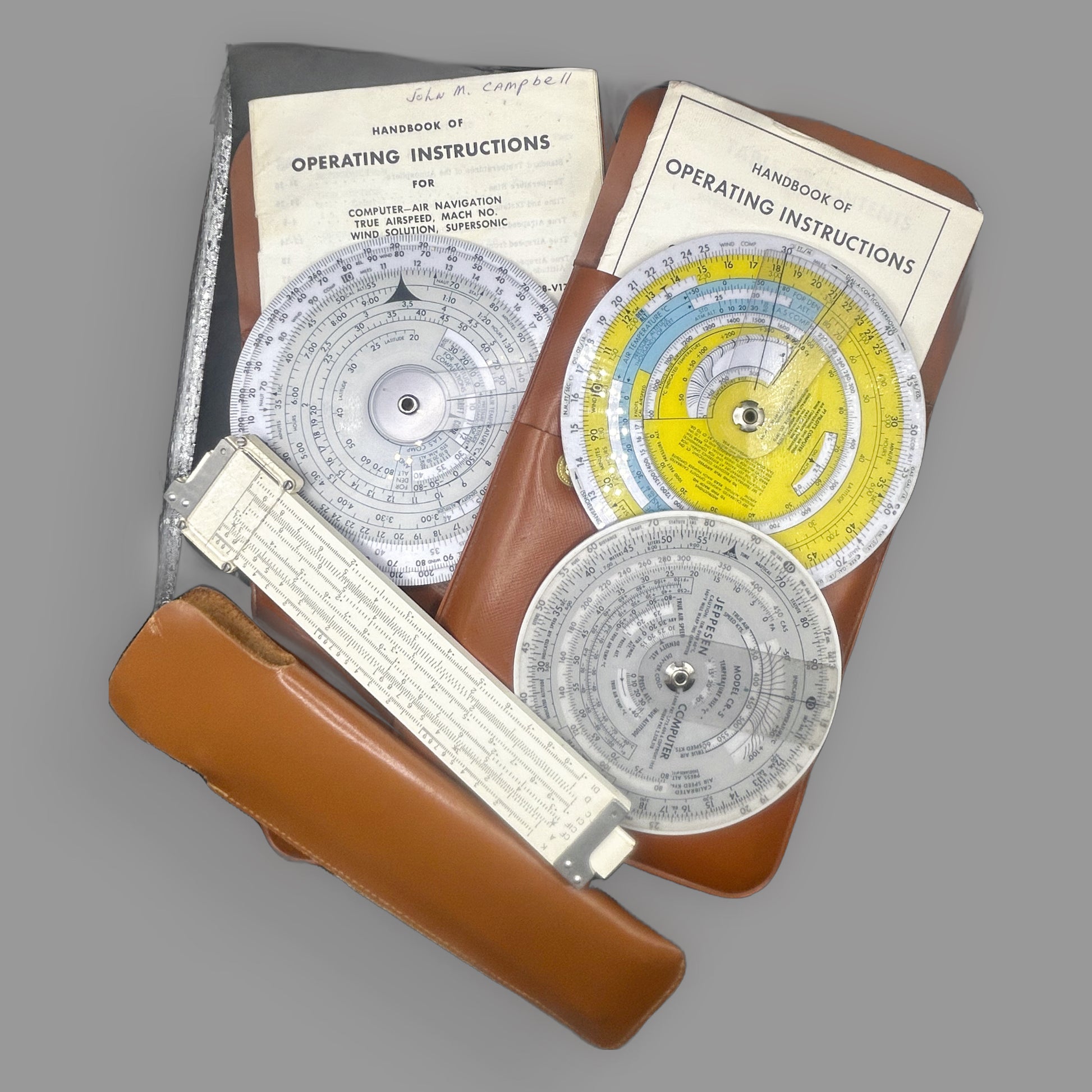 Jeppesen CR-3 & CR-5 Flight Computer Navigation Set — Vintage Pilot Tools with Manuals — detail view