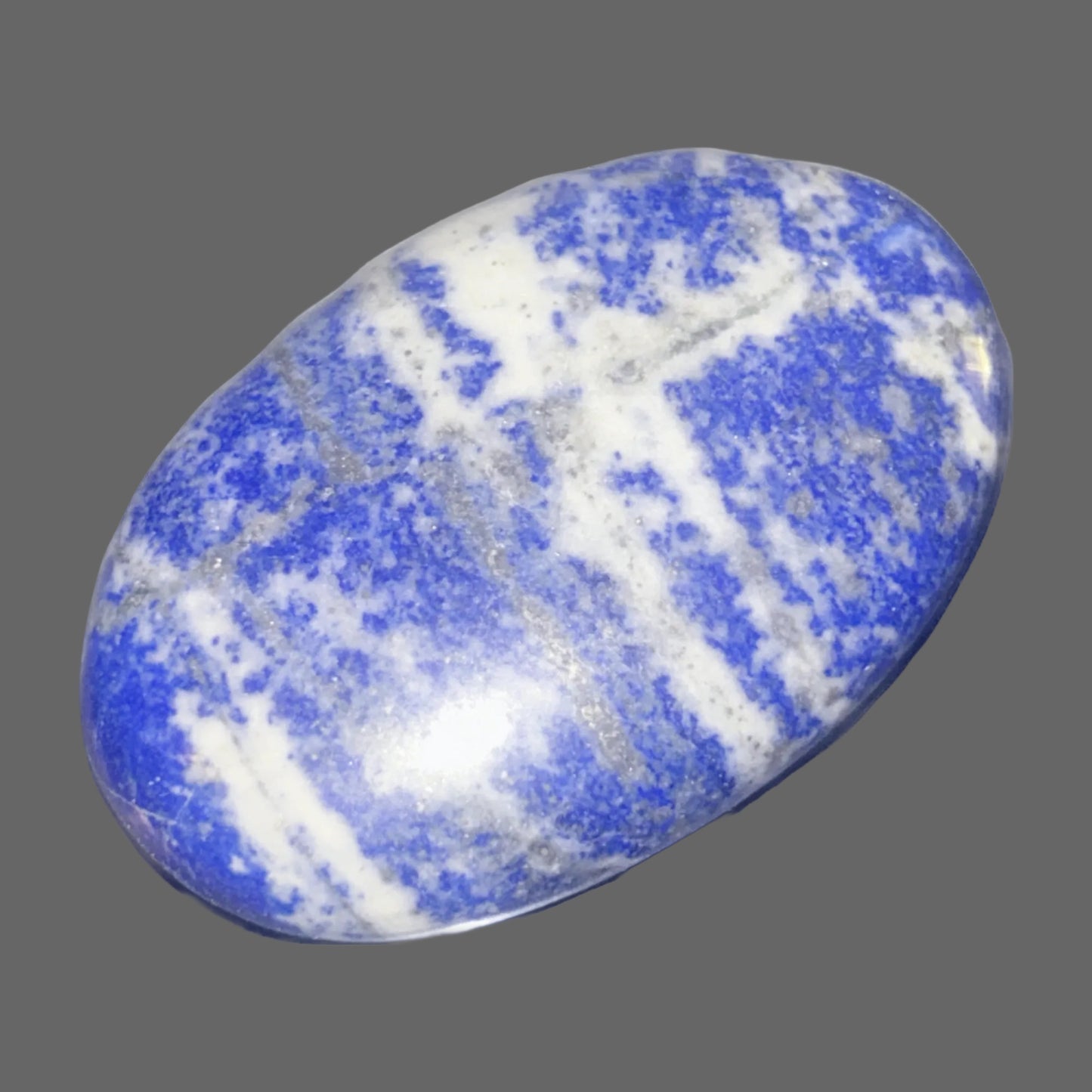 Lapis Lazuli Polished Oval — Deep Ultramarine with Pyrite Flecks, 82g — detail view
