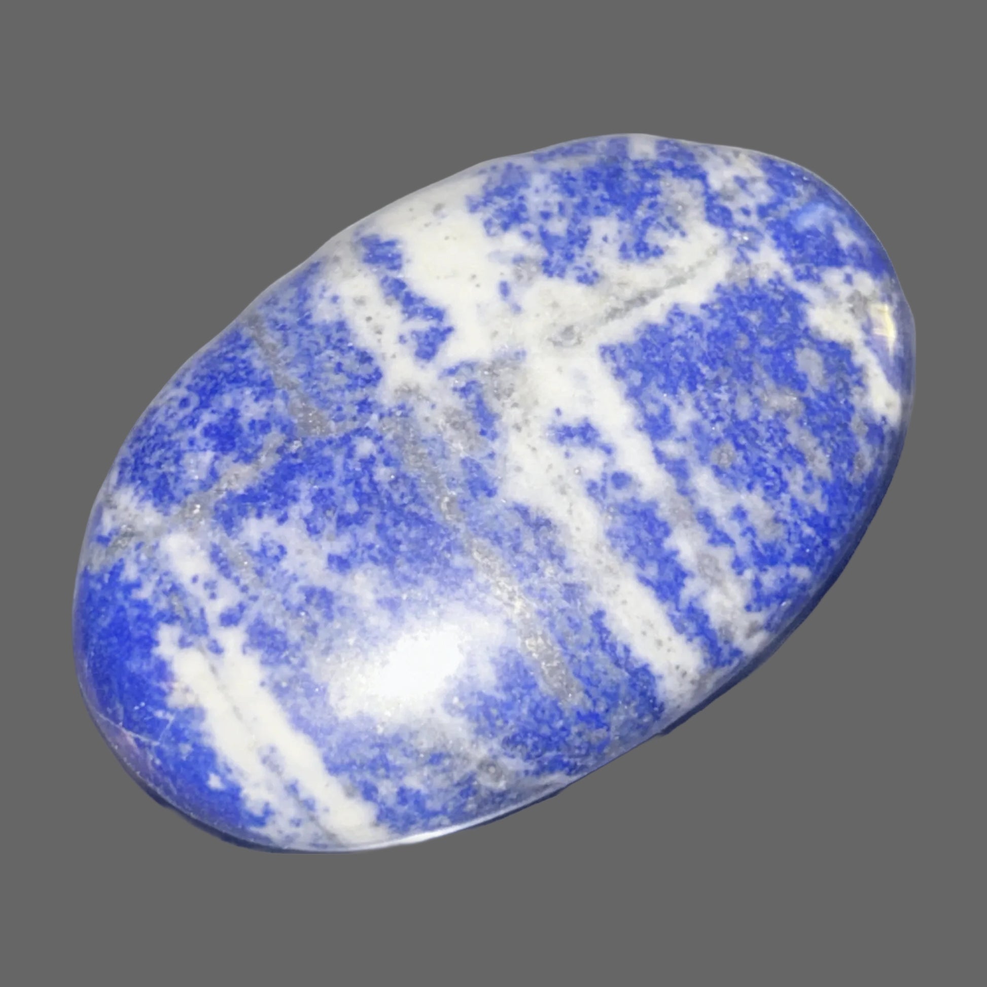 Lapis Lazuli Polished Oval — Deep Ultramarine with Pyrite Flecks, 82g — detail view