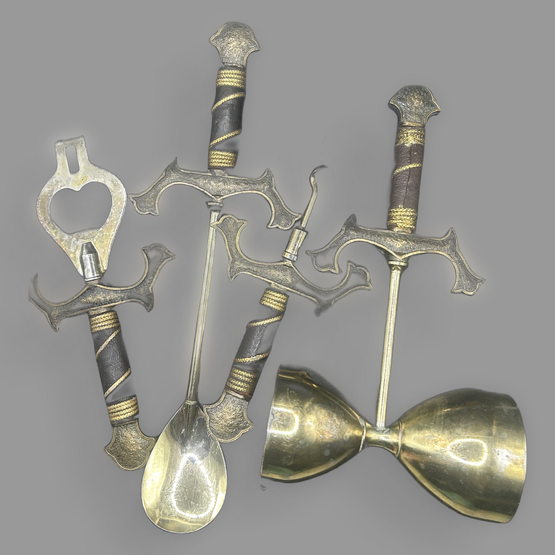 Vintage Brass Medieval Sword Bar Tool Set — 4-Piece with Wood Handles — detail view