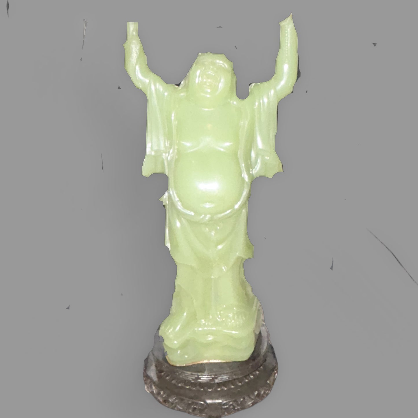 Vintage Jade-Style Laughing Buddha Resin Statue — Feng Shui Good Fortune — detail view