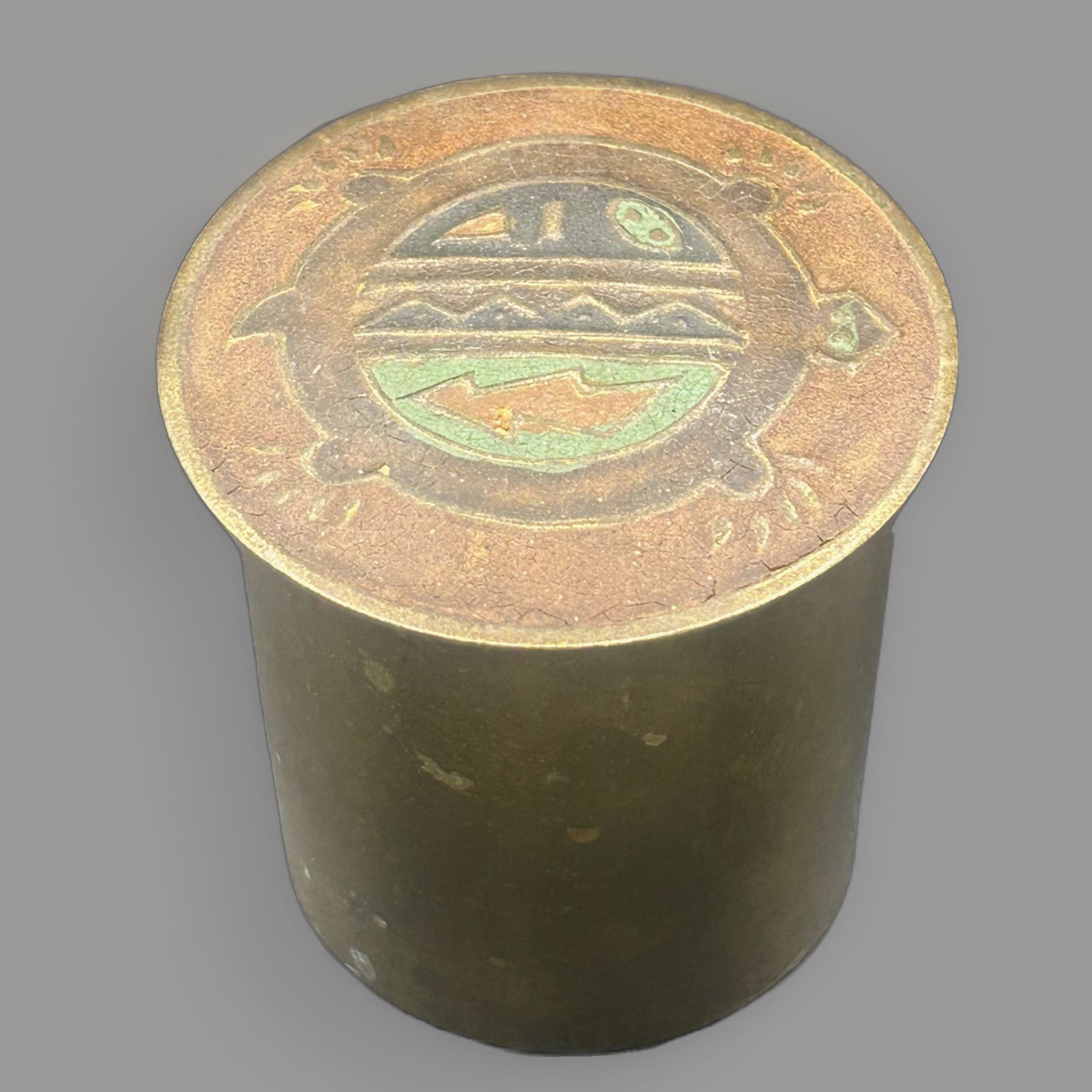 Vintage Brass Cigarette Container — Southwestern Cloisonné Enamel Lid — detail view