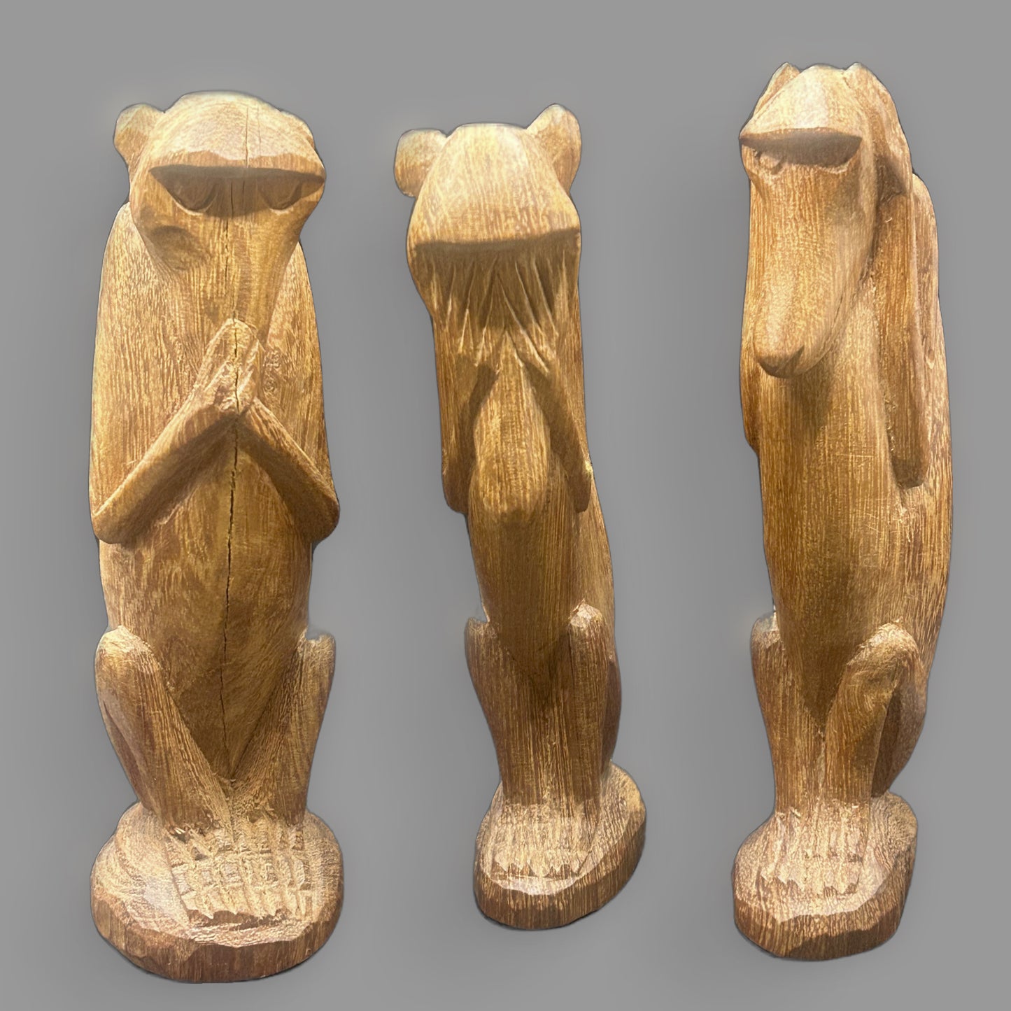 Hand-Carved Wooden Three Wise Monkeys Set — Folk Art Collectible — detail view