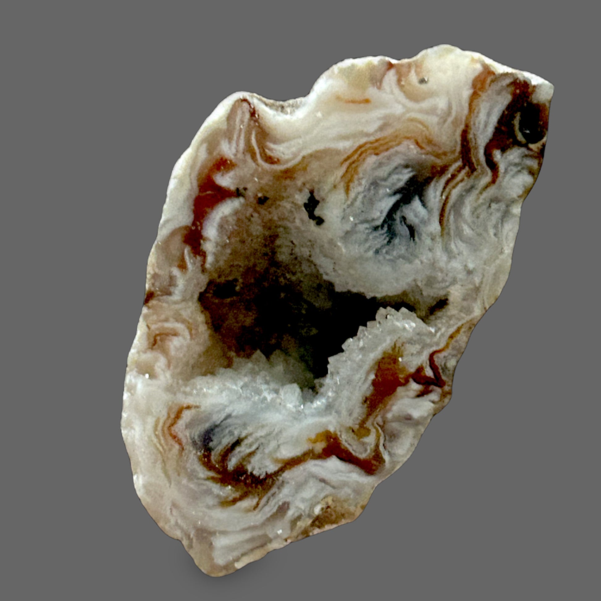 Polished Agate Geode — Wild Swirling Banding, Druzy Crystal Cavity, Red & Blue-Grey — detail view