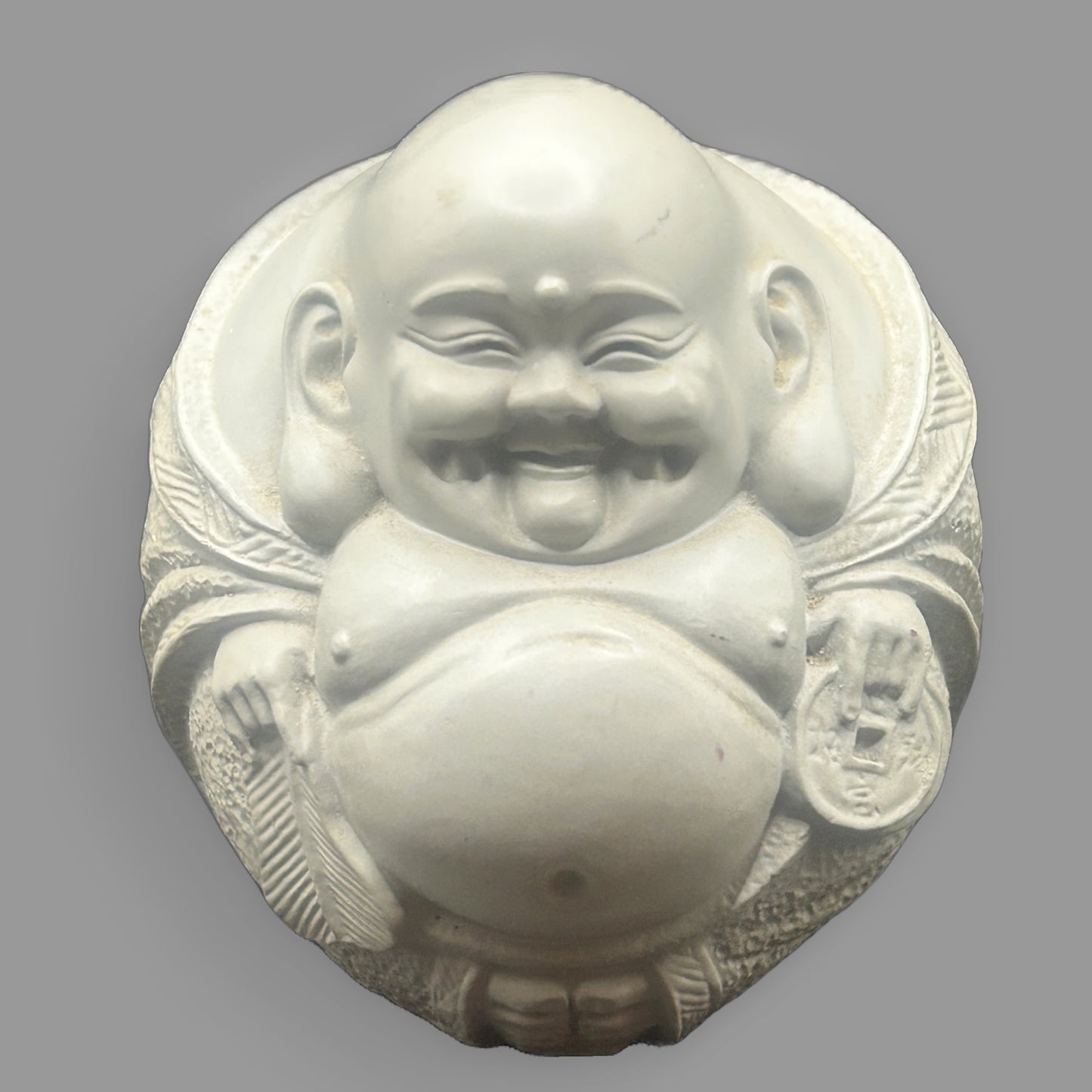 Laughing Buddha Statue with Coin — Feng Shui Prosperity Figurine — detail view