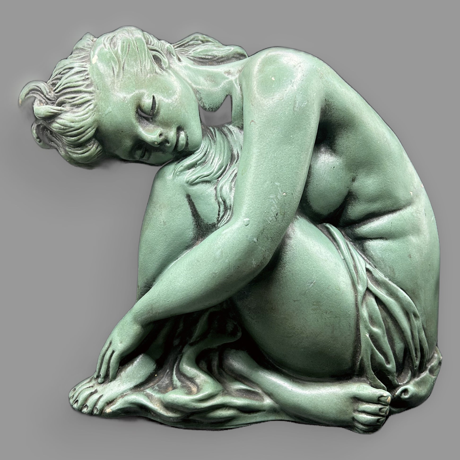 Verdigris Seated Nude Female Statue — detail view