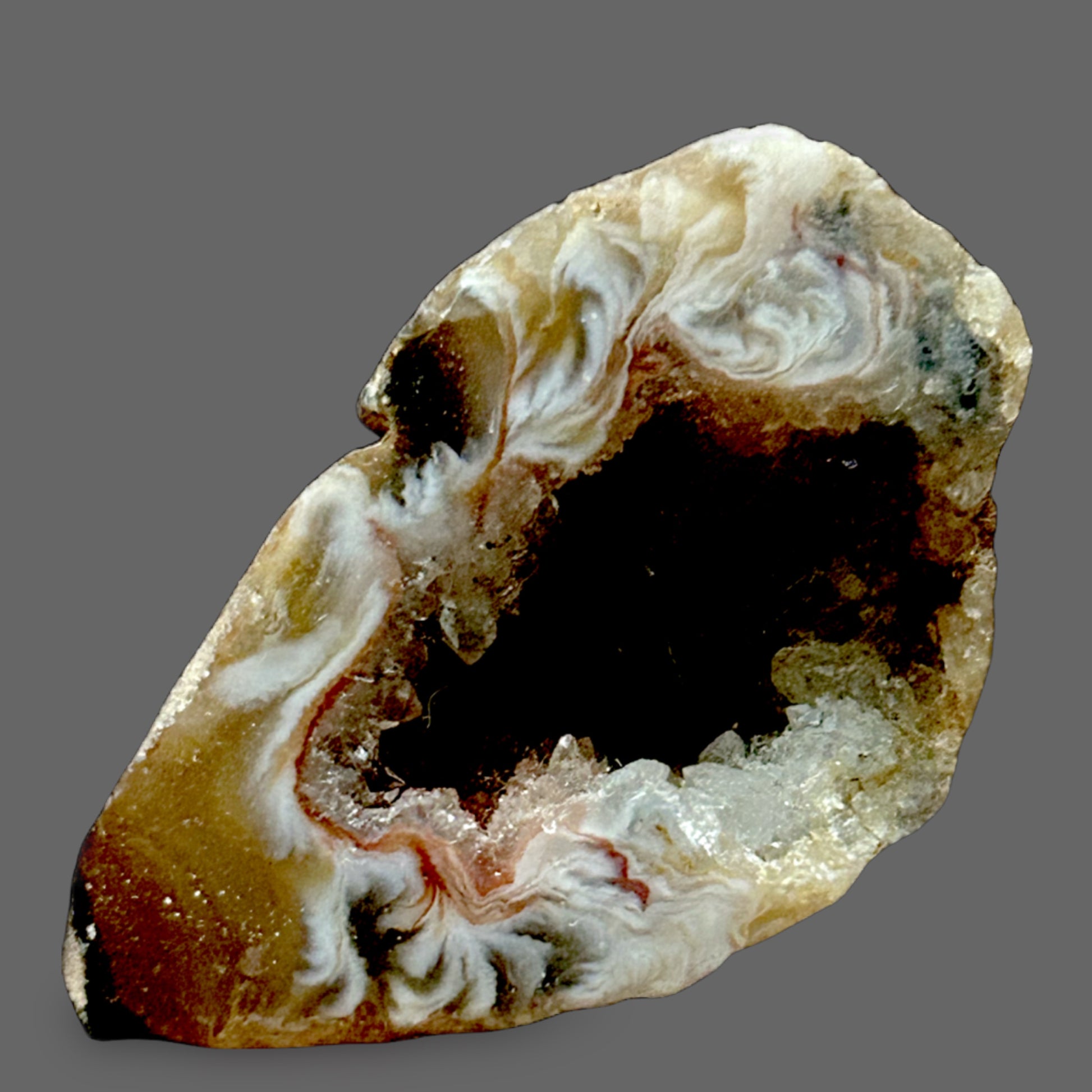 Agate Geode — Banded Chalcedony & Quartz Crystal Interior — detail view