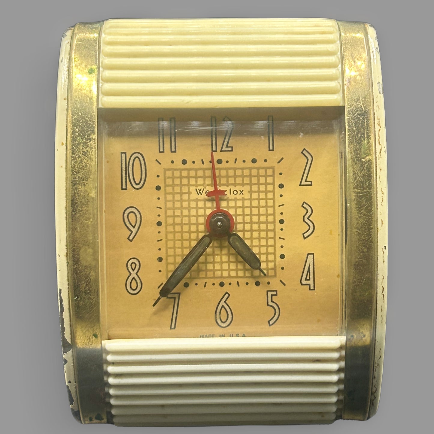 Vintage Westclox Travalarm Travel Clock — Ivory & Brass Trim — detail view