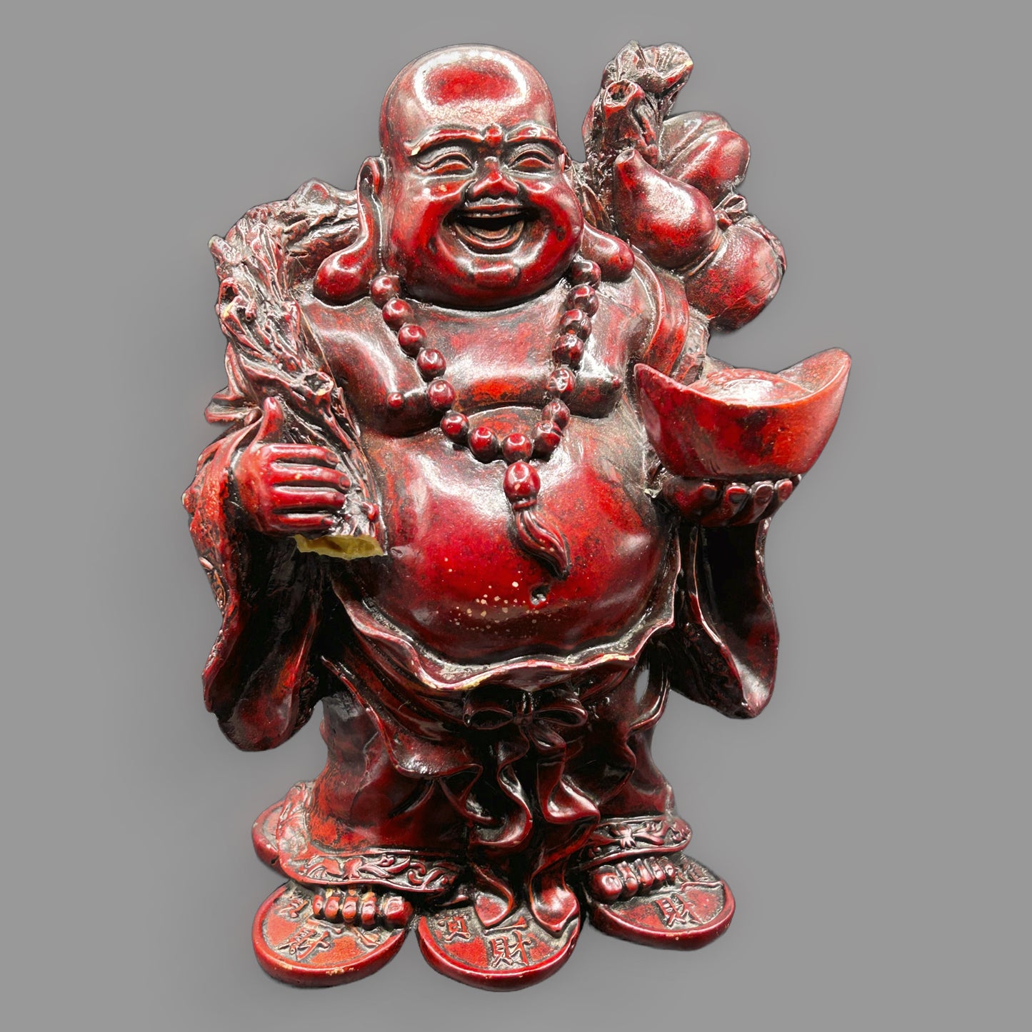 Red Cinnabar-Style Laughing Buddha Statue with Gold Ingot & Sack — detail view