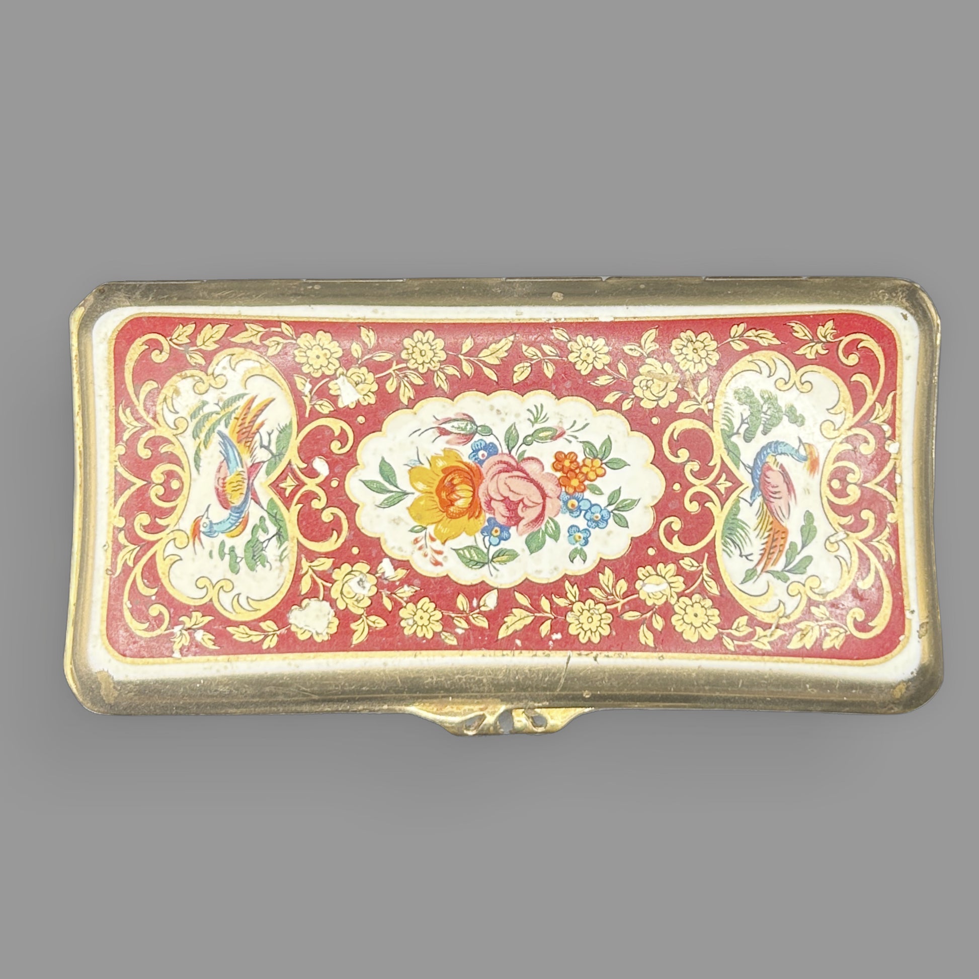 Vintage Stratton England Red & Gold Floral Lipstick Holder Compact — detail view