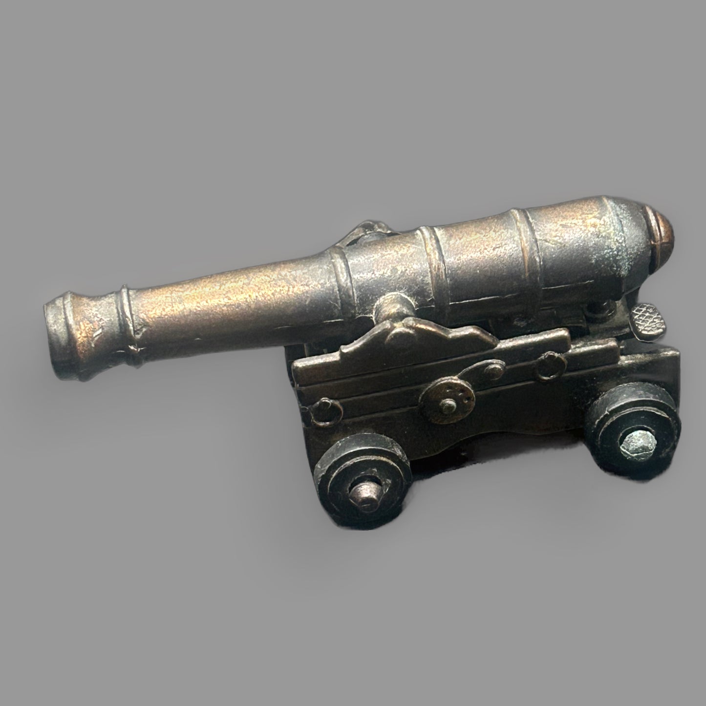 Vintage Die-Cast Miniature Cannon Pencil Sharpener — Novelty Desk Collectible — detail view