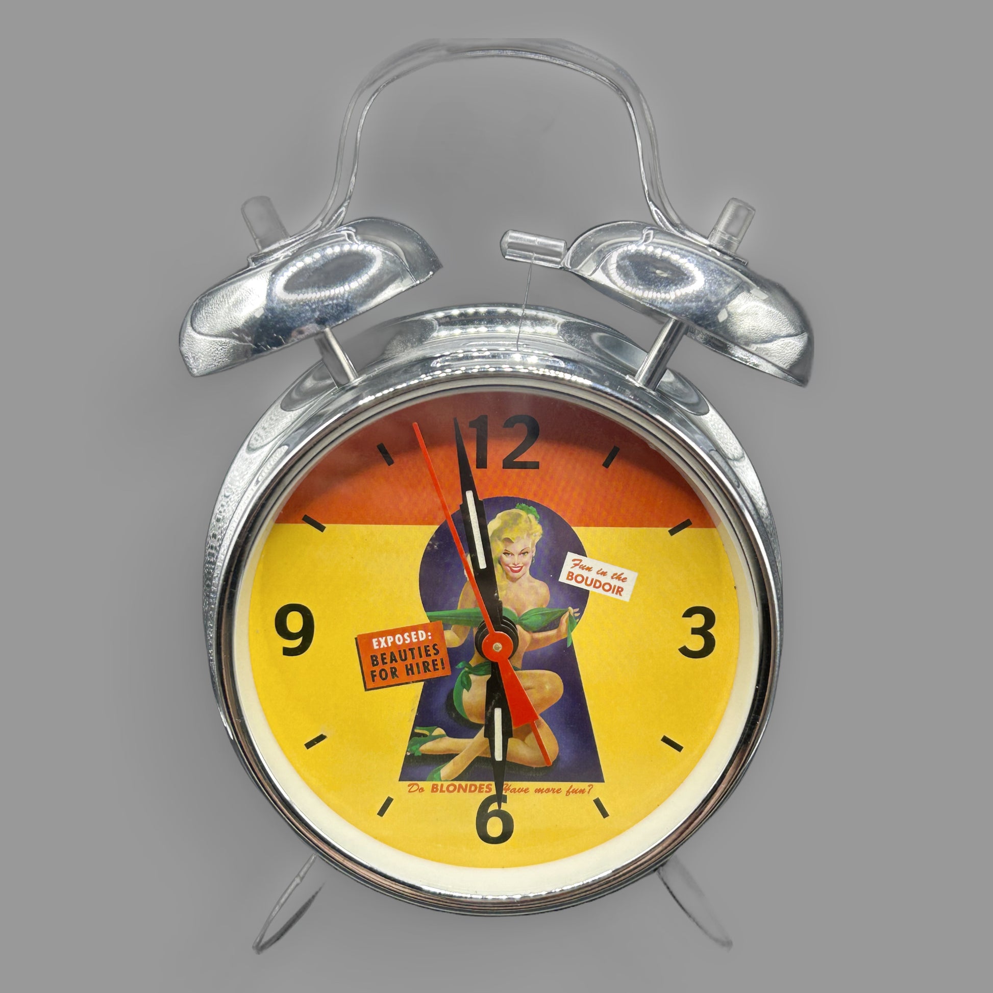 Vintage Pin-Up Twin Bell Alarm Clock — “Beauties for Hire” — detail view