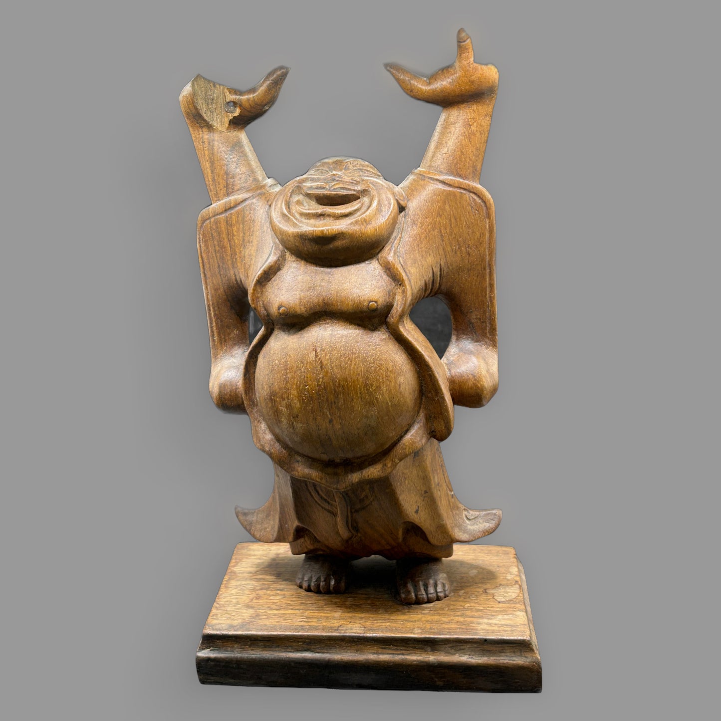 Vintage Hand Carved Wooden Laughing Buddha Statue — detail view