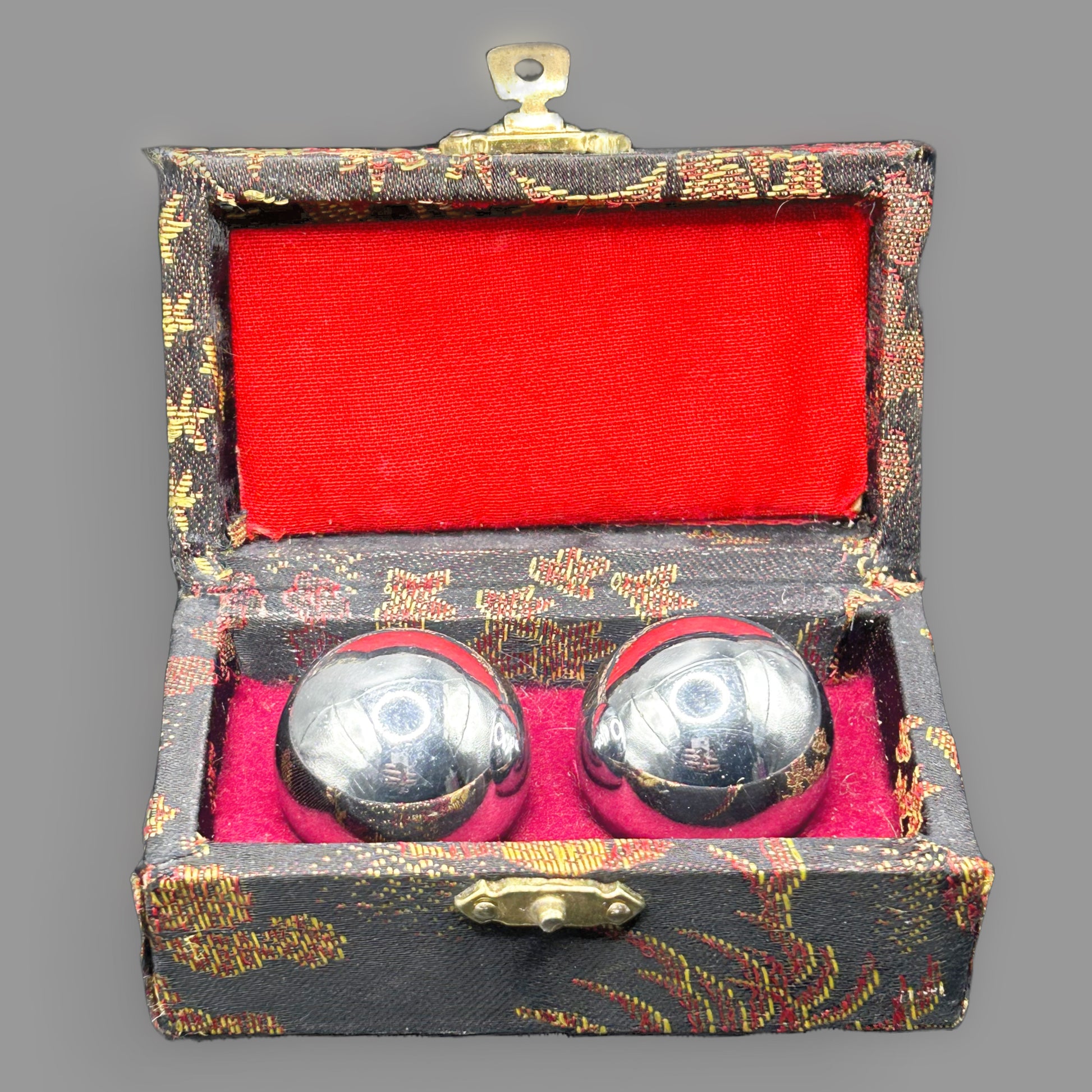 Chinese Baoding Chime Meditation Balls in Silk Box — detail view