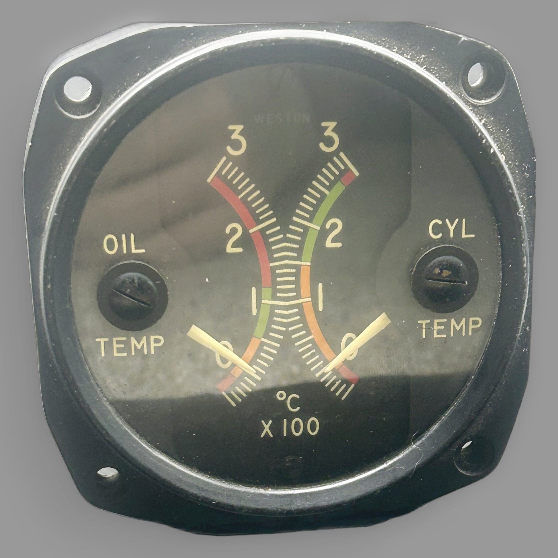 Weston Dual Oil & Cylinder Head Temperature Gauge — Vintage Aircraft Instrument — detail view
