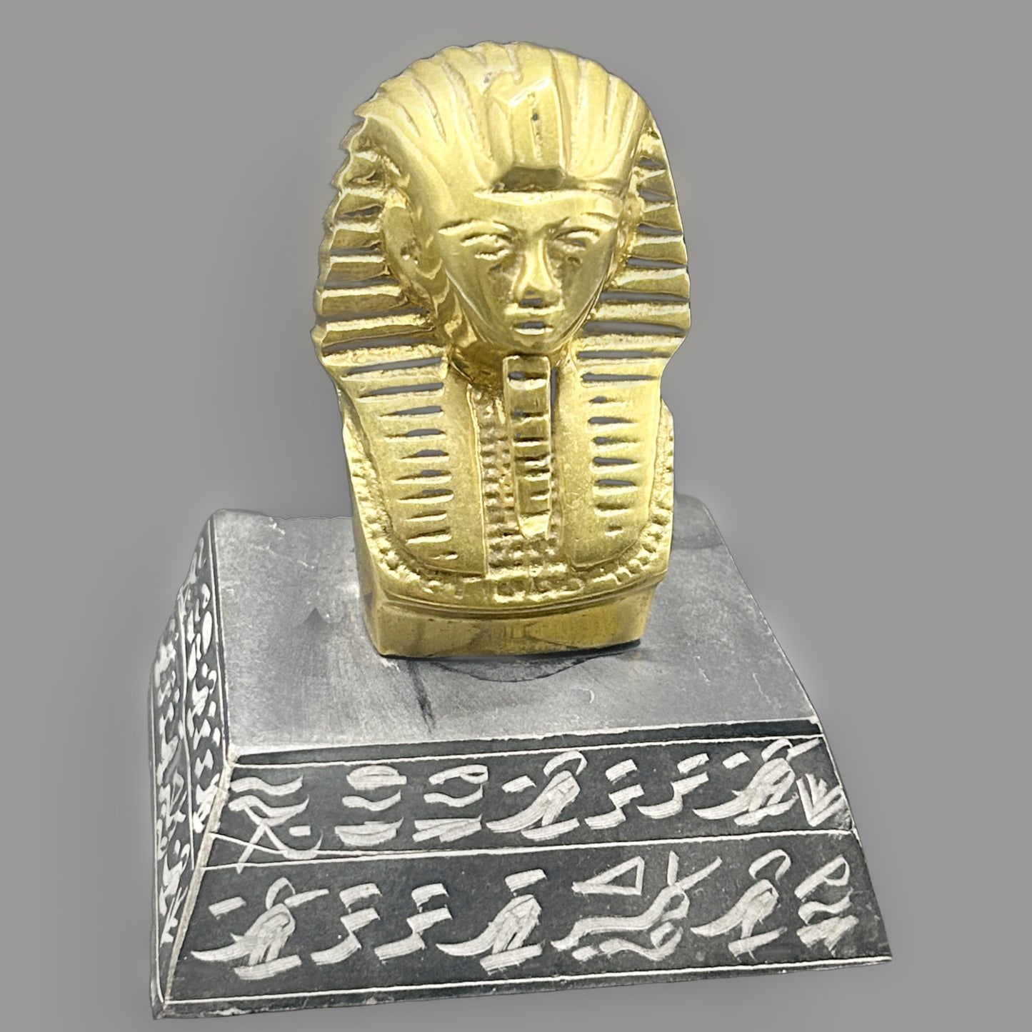 Vintage Brass Tutankhamun Pharaoh Bust Paperweight — Stone Base — detail view