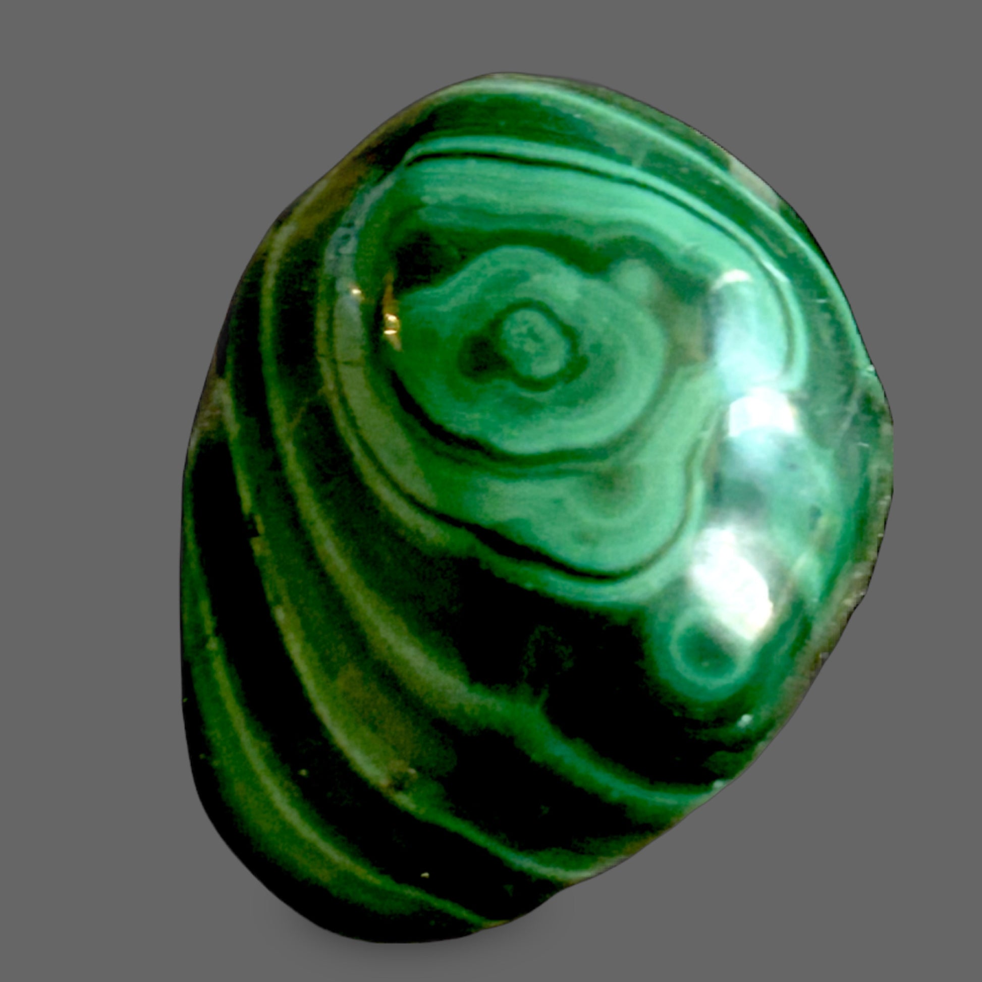 Malachite Specimen — Banded Green Copper Mineral, Swirling Pattern, 58g — detail view